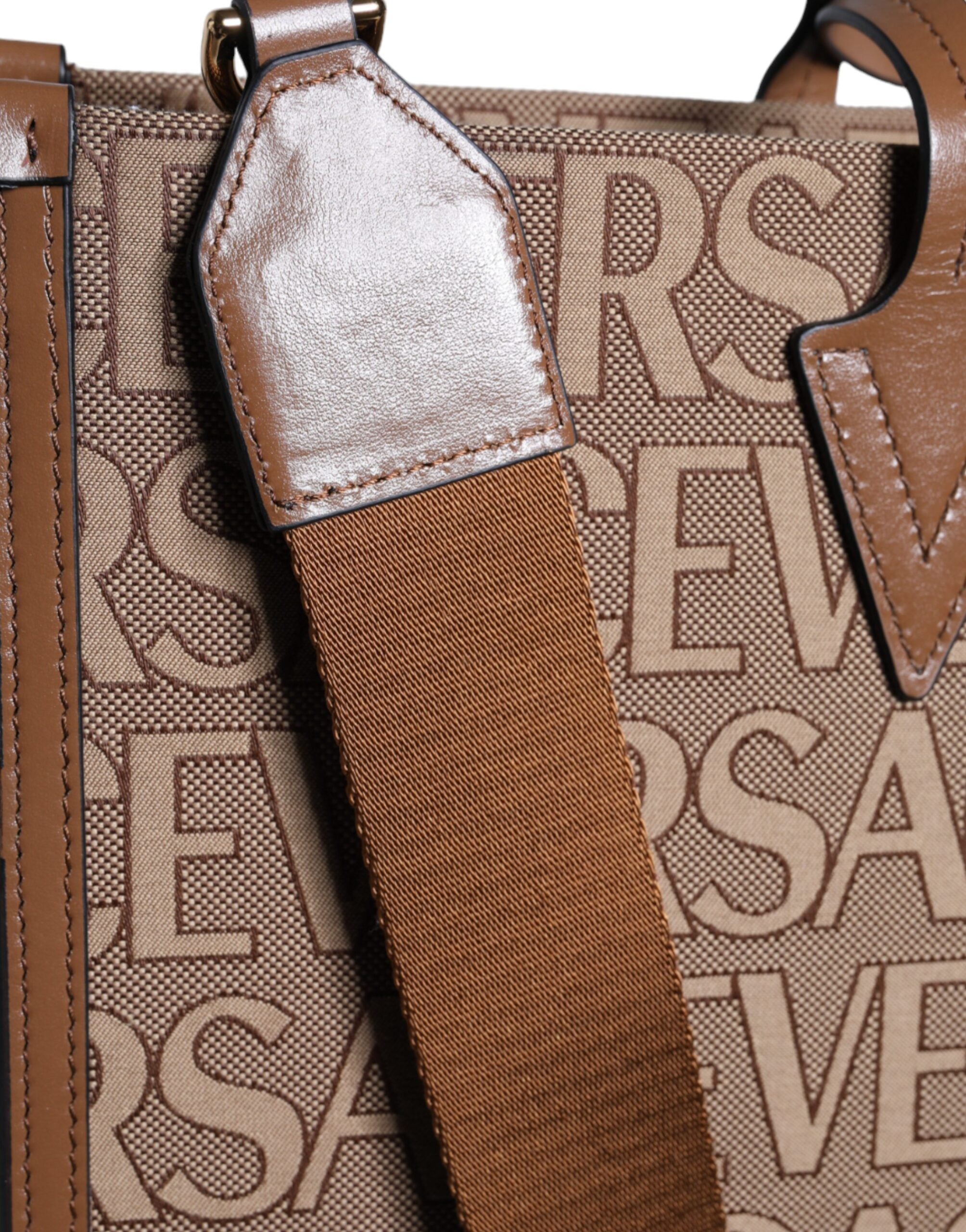 Versace Brown Top Handle Jacquard Leather Logo Crossbody Tote Bag Versace