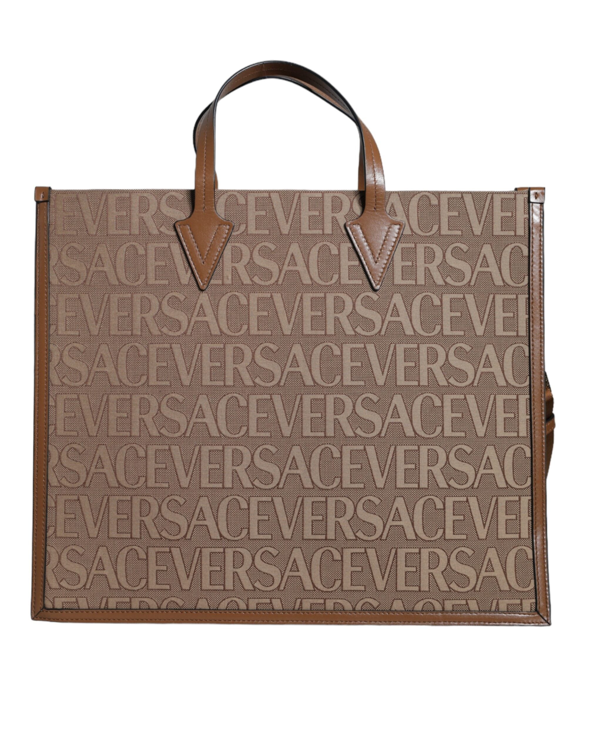 Versace Brown Top Handle Jacquard Leather Logo Crossbody Tote Bag Versace