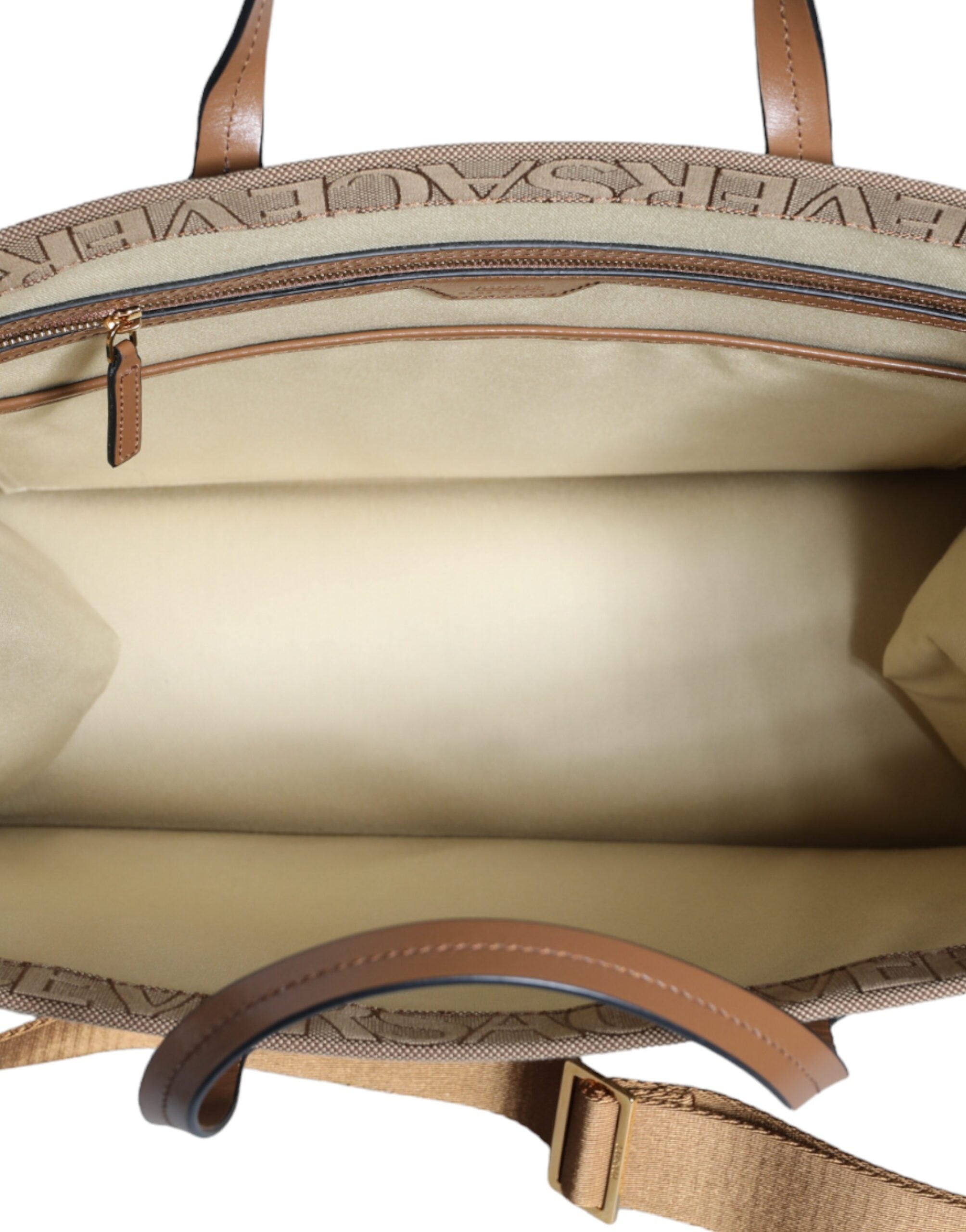 Versace Brown Top Handle Jacquard Leather Logo Crossbody Tote Bag Versace