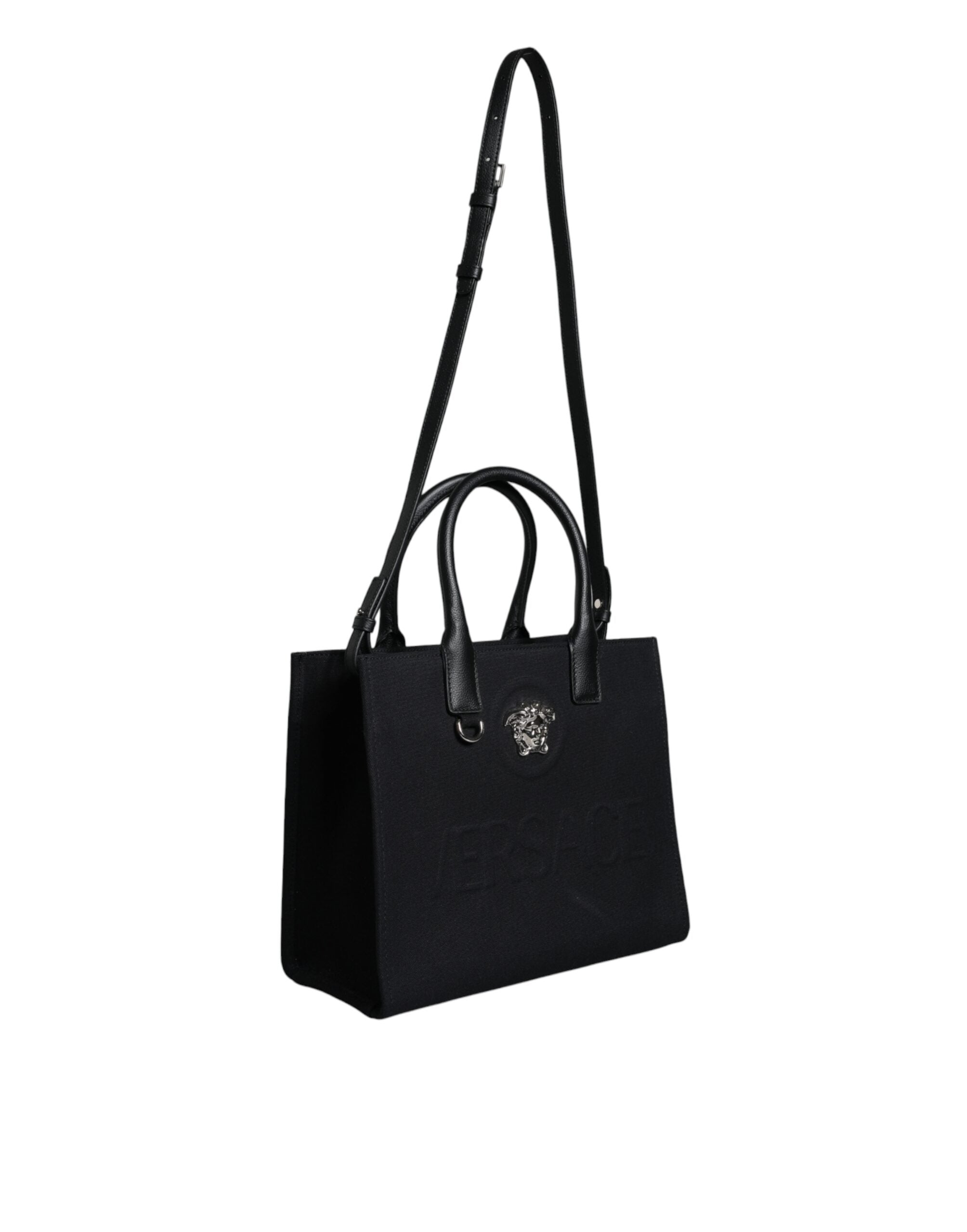 Versace Black Top Handle Canvas Leather Logo Crossbody Tote Bag Versace