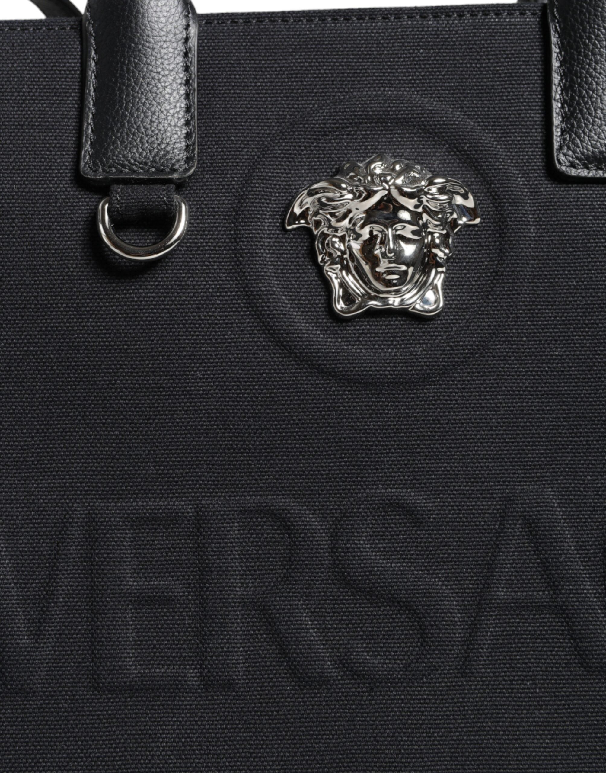 Versace Black Top Handle Canvas Leather Logo Crossbody Tote Bag Versace