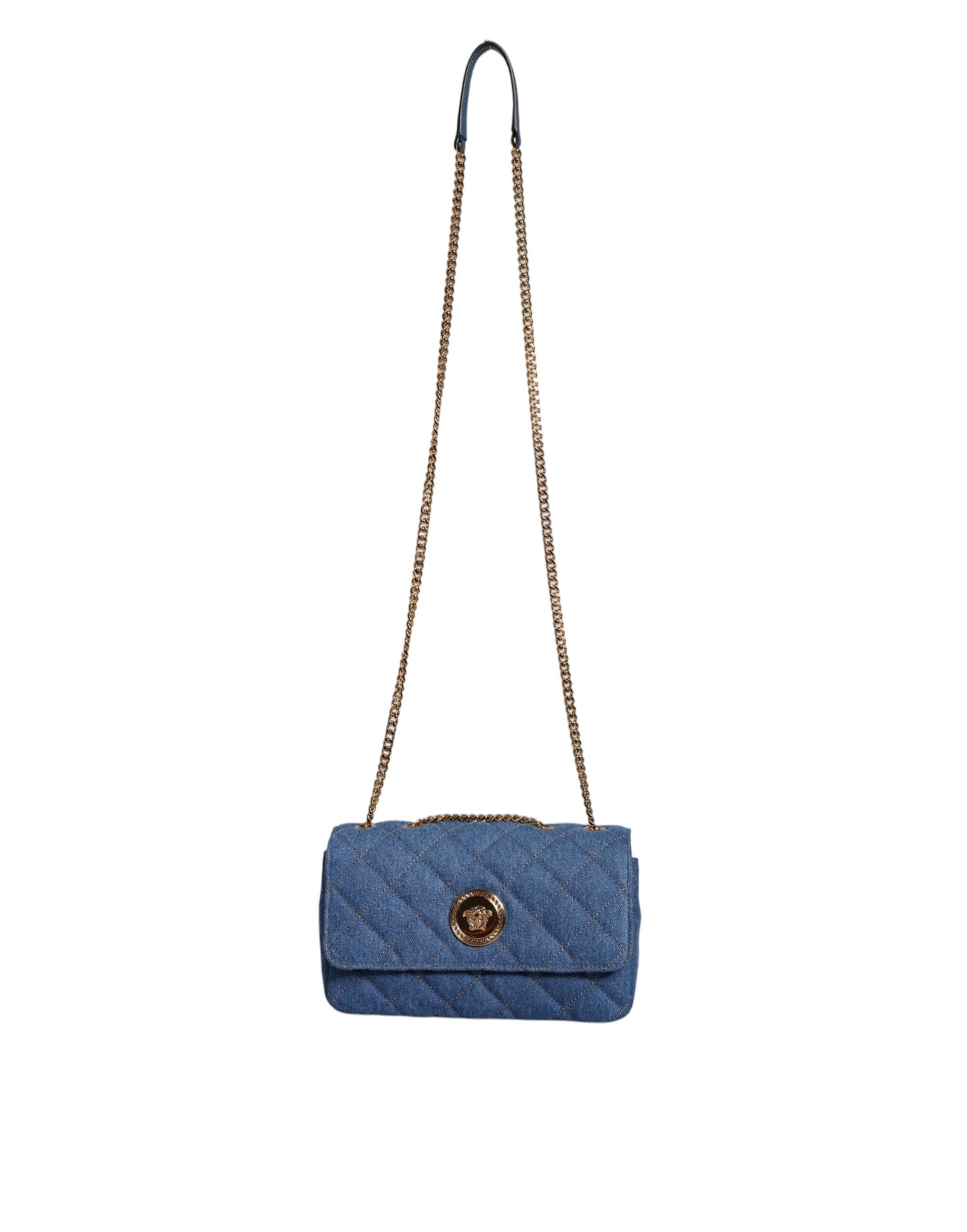 Versace Blue Quilted Denim Leather Crossbody Shoulder Bag Versace
