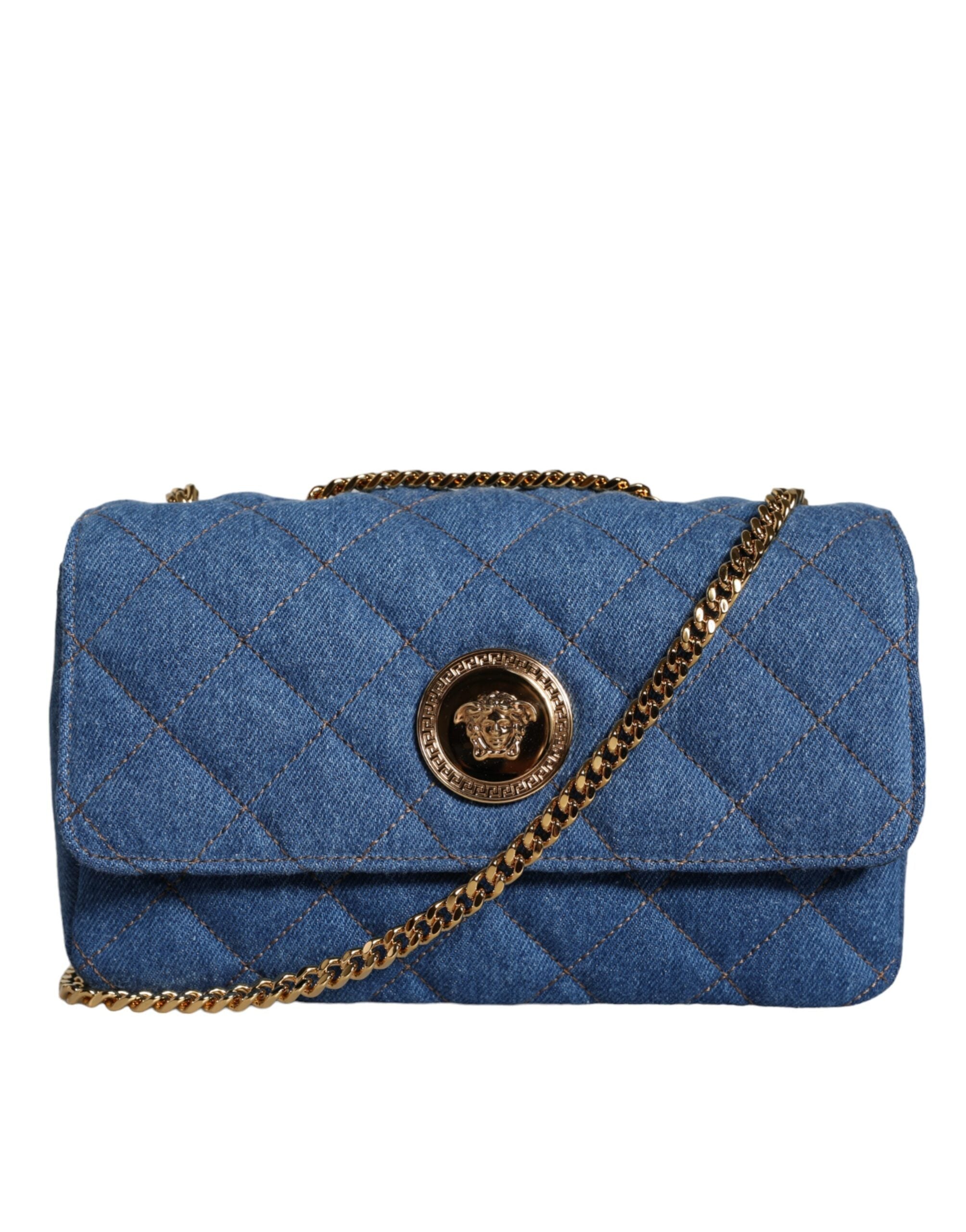 Versace Blue Quilted Denim Leather Crossbody Shoulder Bag Versace
