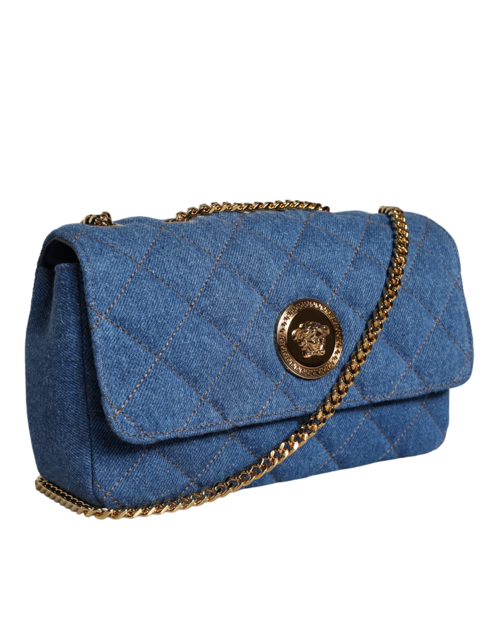 Versace Blue Quilted Denim Leather Crossbody Shoulder Bag Versace