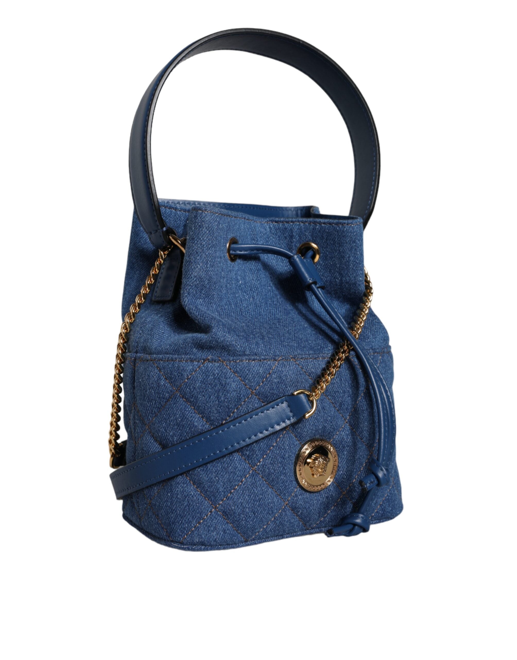 Versace Blue Quilted Denim Leather Crossbody Shoulder Bag Versace