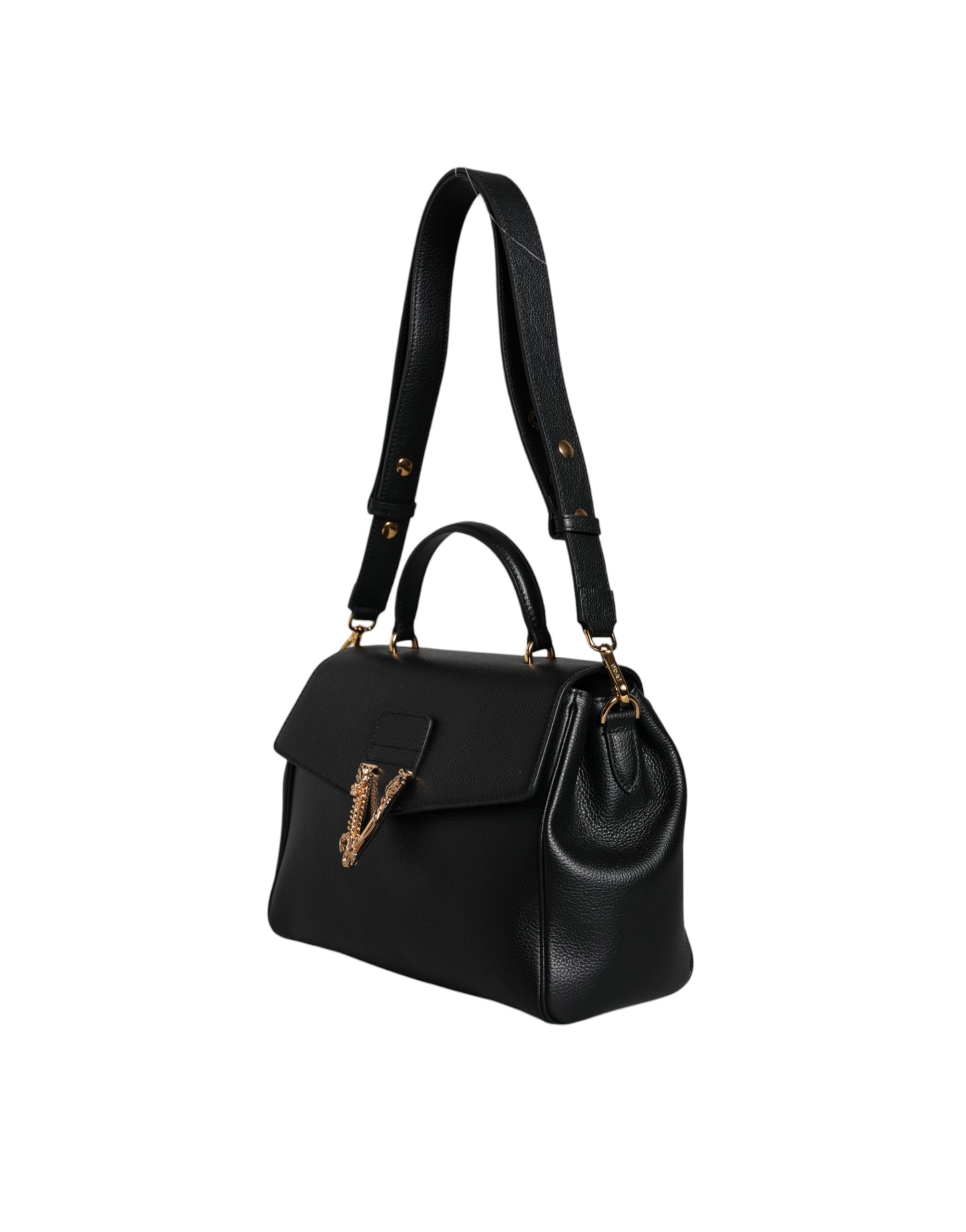 Versace Black Top Handle Grainy Calfskin Leather Crossbody Bag Versace