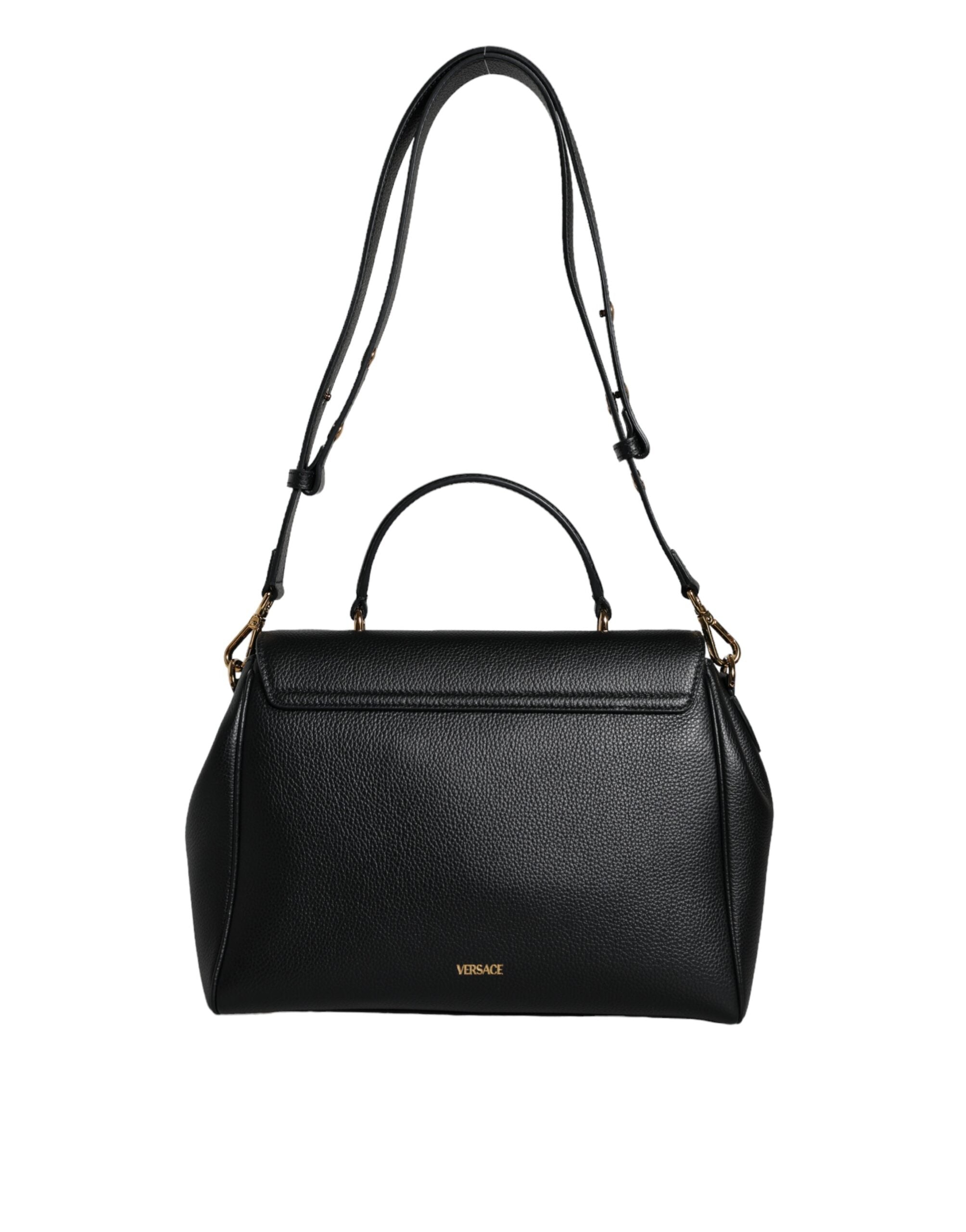 Versace Black Top Handle Grainy Calfskin Leather Crossbody Bag Versace