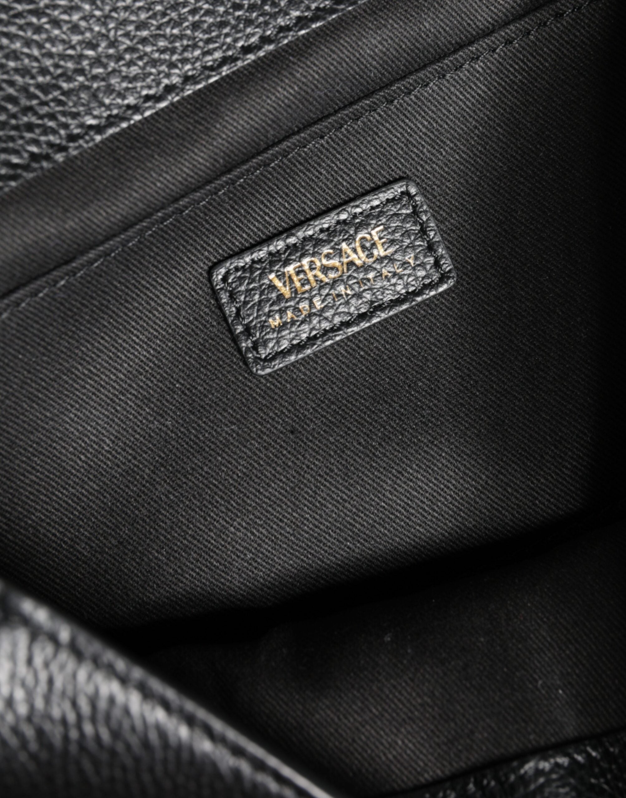 Versace Black Top Handle Grainy Calfskin Leather Crossbody Bag Versace