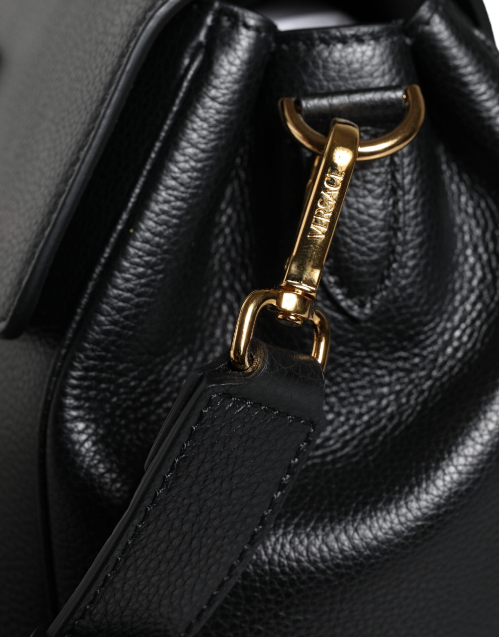 Versace Black Top Handle Grainy Calfskin Leather Crossbody Bag Versace