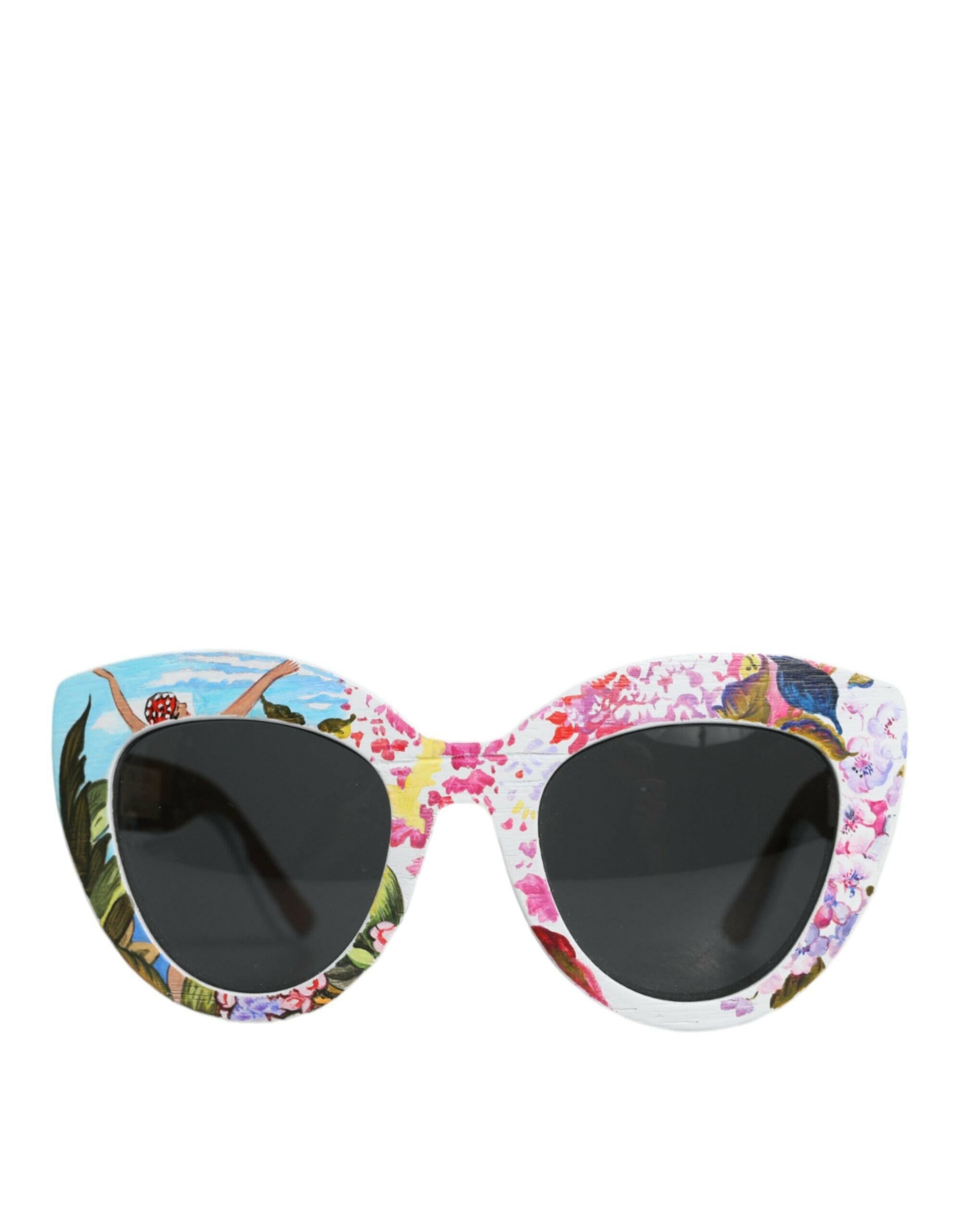 Dolce & Gabbana Multicolor Wood Crystal Brass Frame Floral Hand Paint Sunglasses.