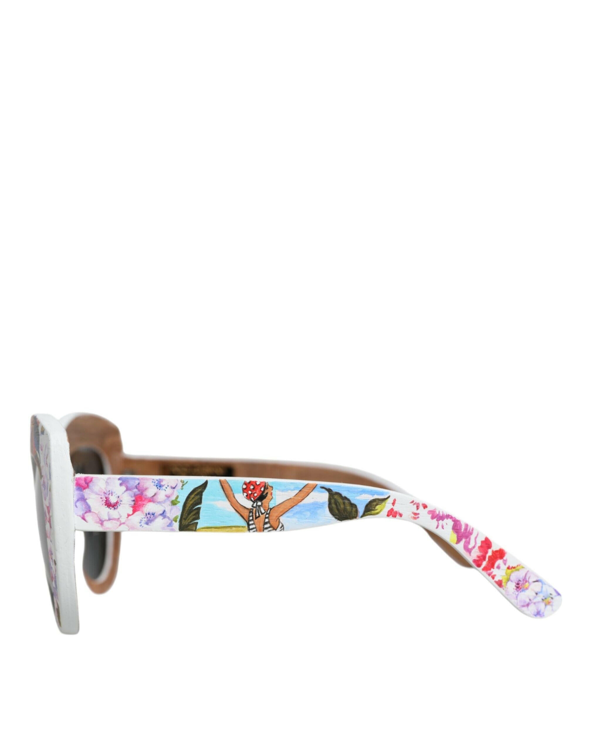 Dolce & Gabbana Multicolor Wood Crystal Brass Frame Floral Hand Paint Sunglasses.