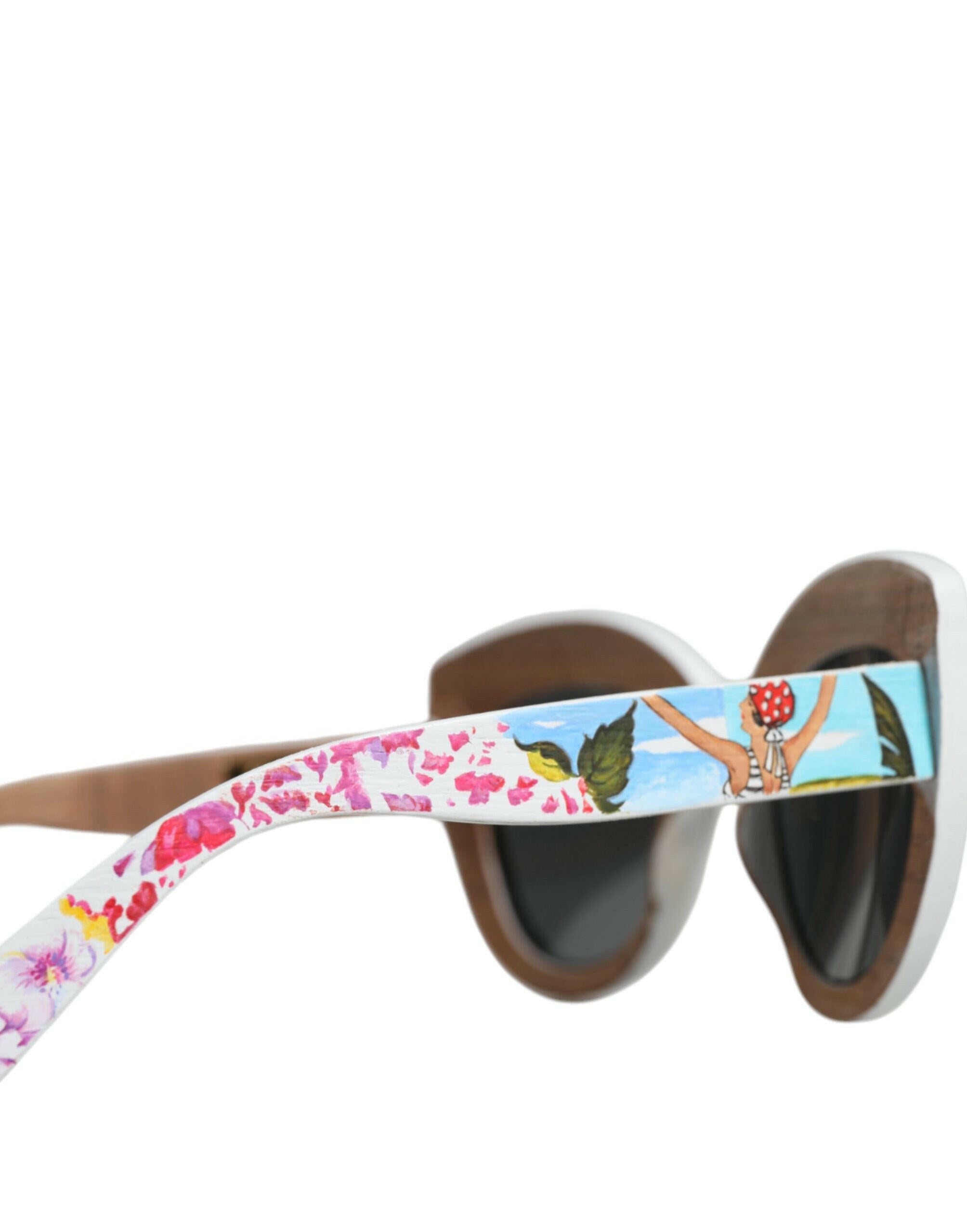 Dolce & Gabbana Multicolor Wood Crystal Brass Frame Floral Hand Paint Sunglasses.