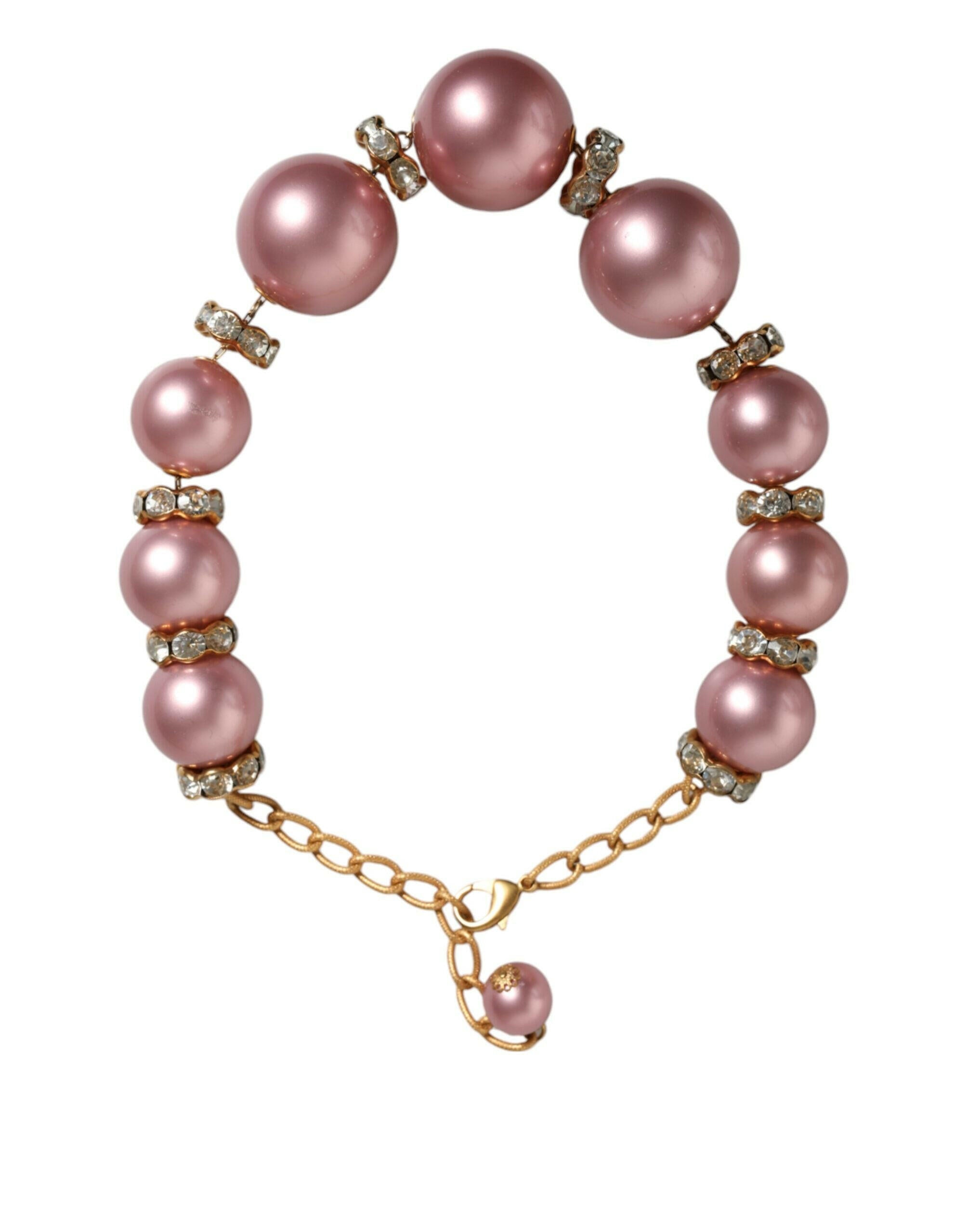 Dolce & Gabbana Pink Maxi Faux Pearl Beads Crystals Gold Chain Necklace.