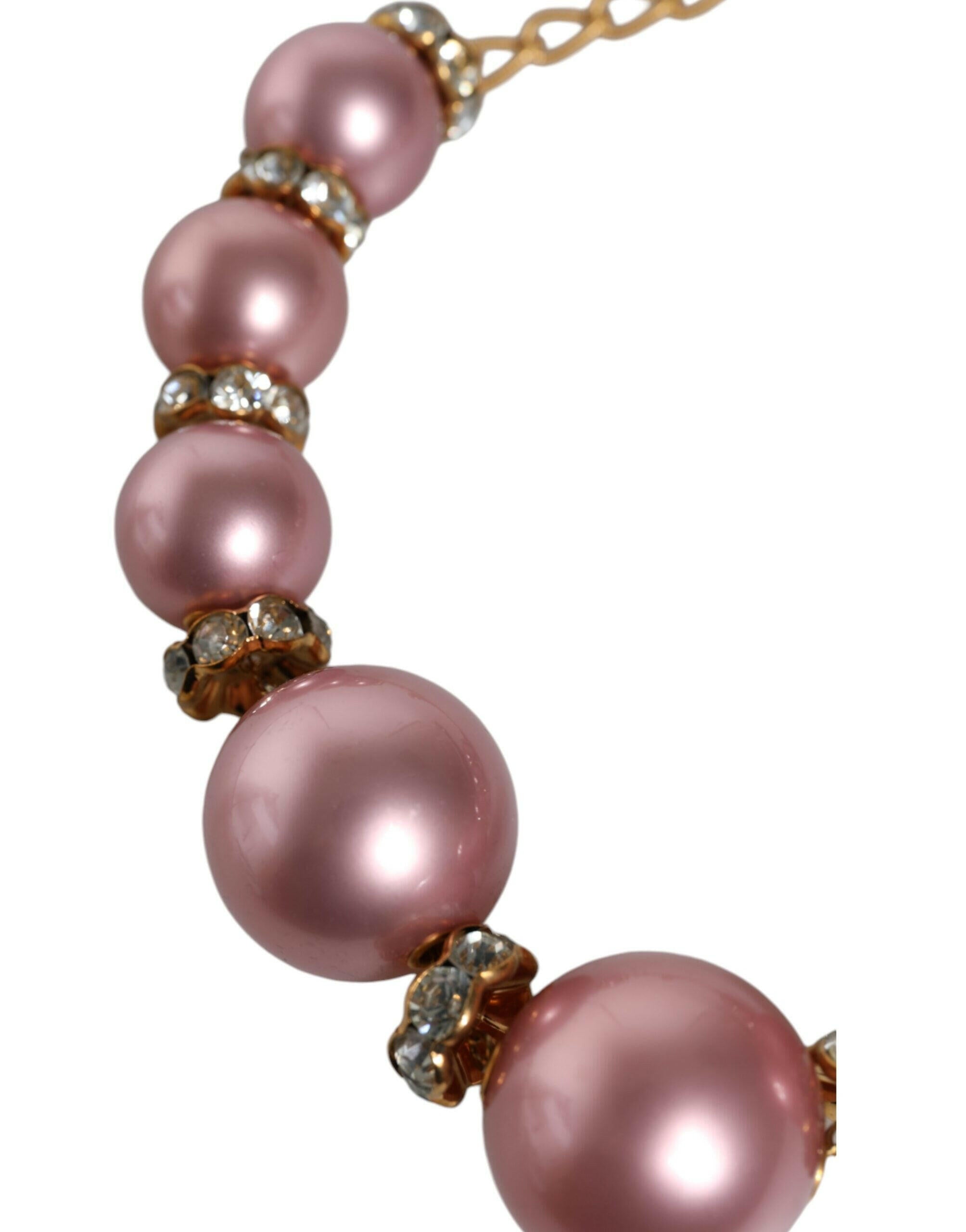 Dolce & Gabbana Pink Maxi Faux Pearl Beads Crystals Gold Chain Necklace.