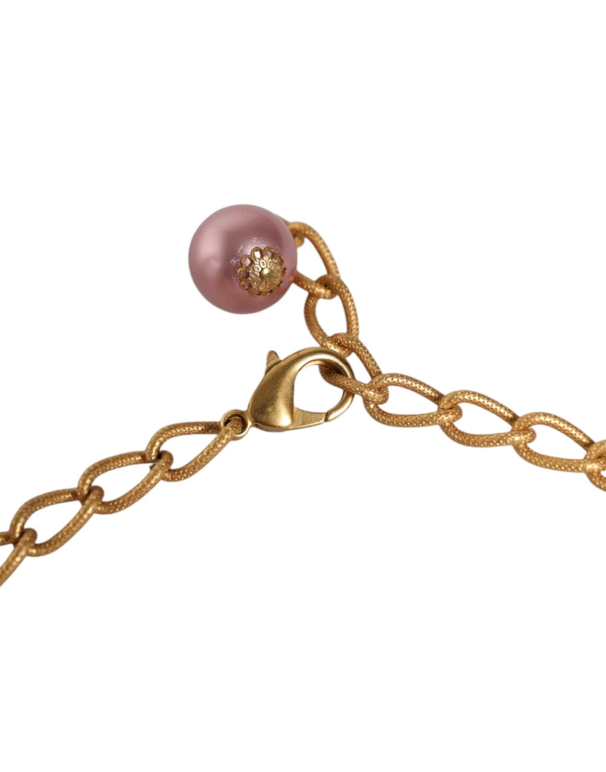 Dolce & Gabbana Pink Maxi Faux Pearl Beads Crystals Gold Chain Necklace.