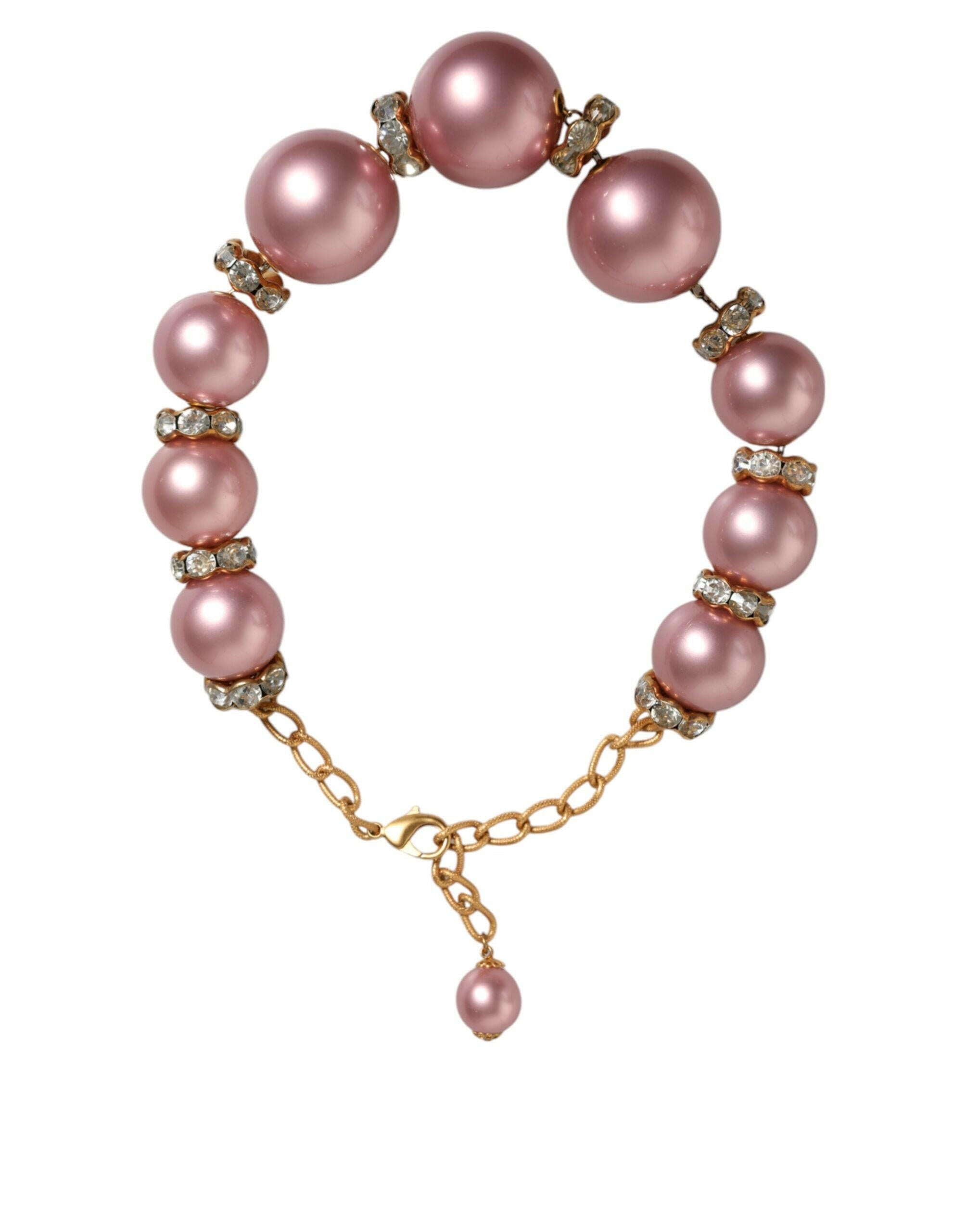 Dolce & Gabbana Pink Maxi Faux Pearl Beads Crystals Gold Chain Necklace.