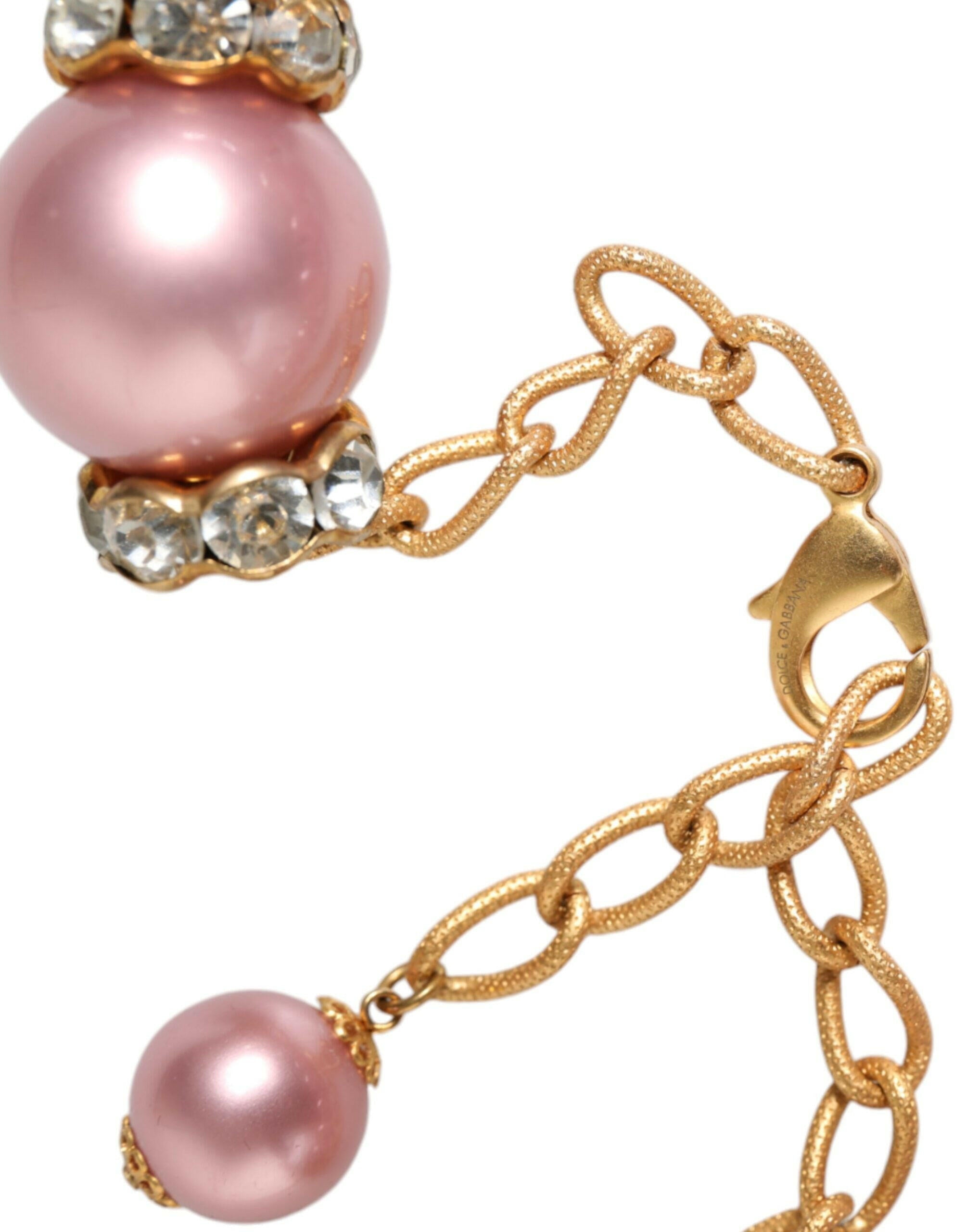 Dolce & Gabbana Pink Maxi Faux Pearl Beads Crystals Gold Chain Necklace.