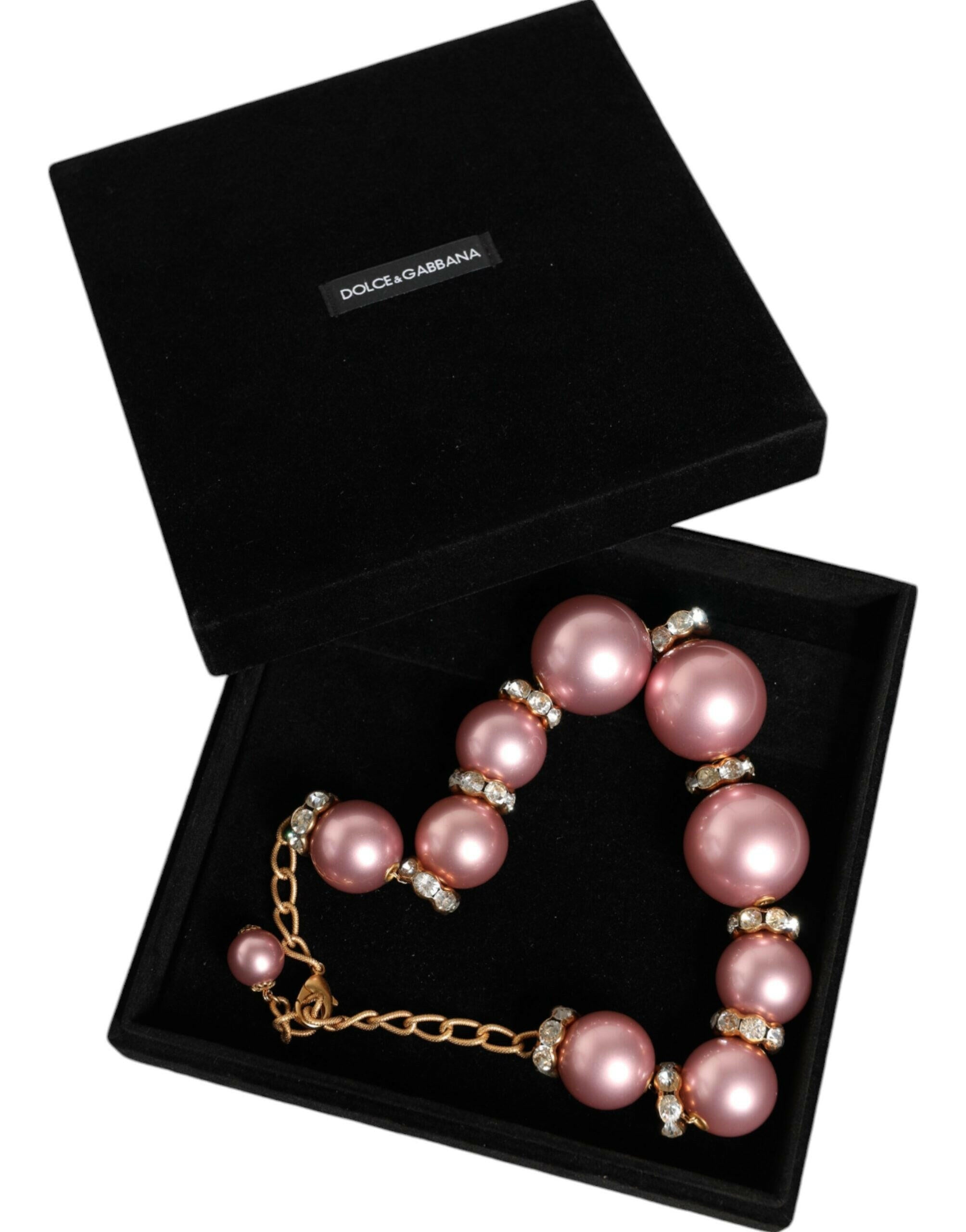 Dolce & Gabbana Pink Maxi Faux Pearl Beads Crystals Gold Chain Necklace.