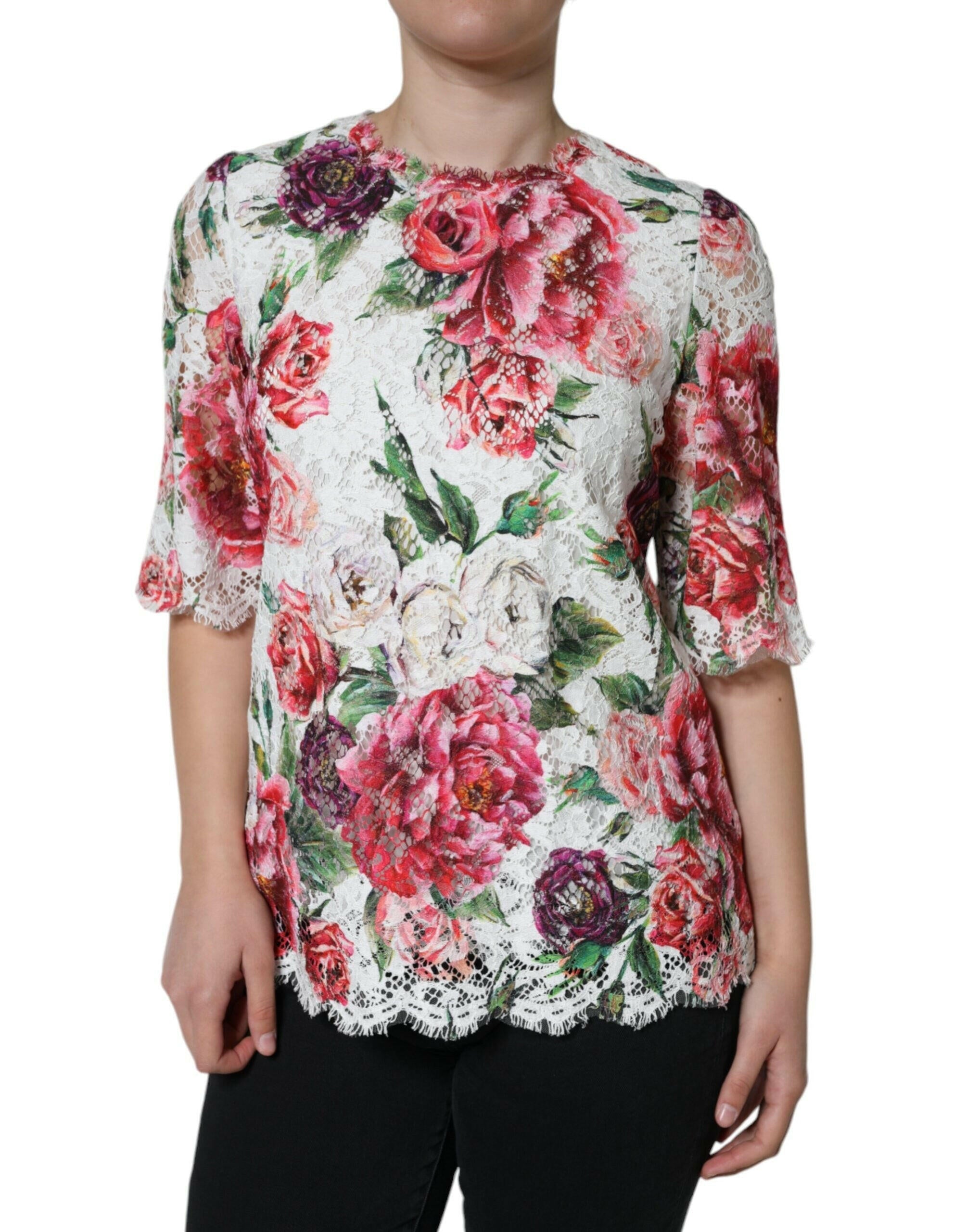 Dolce & Gabbana White Peony Lace Short Sleeves Blouse Top.