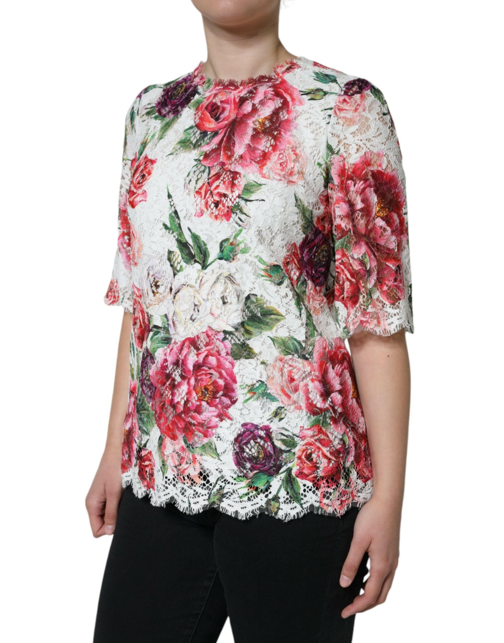 Dolce & Gabbana White Peony Lace Short Sleeves Blouse Top.