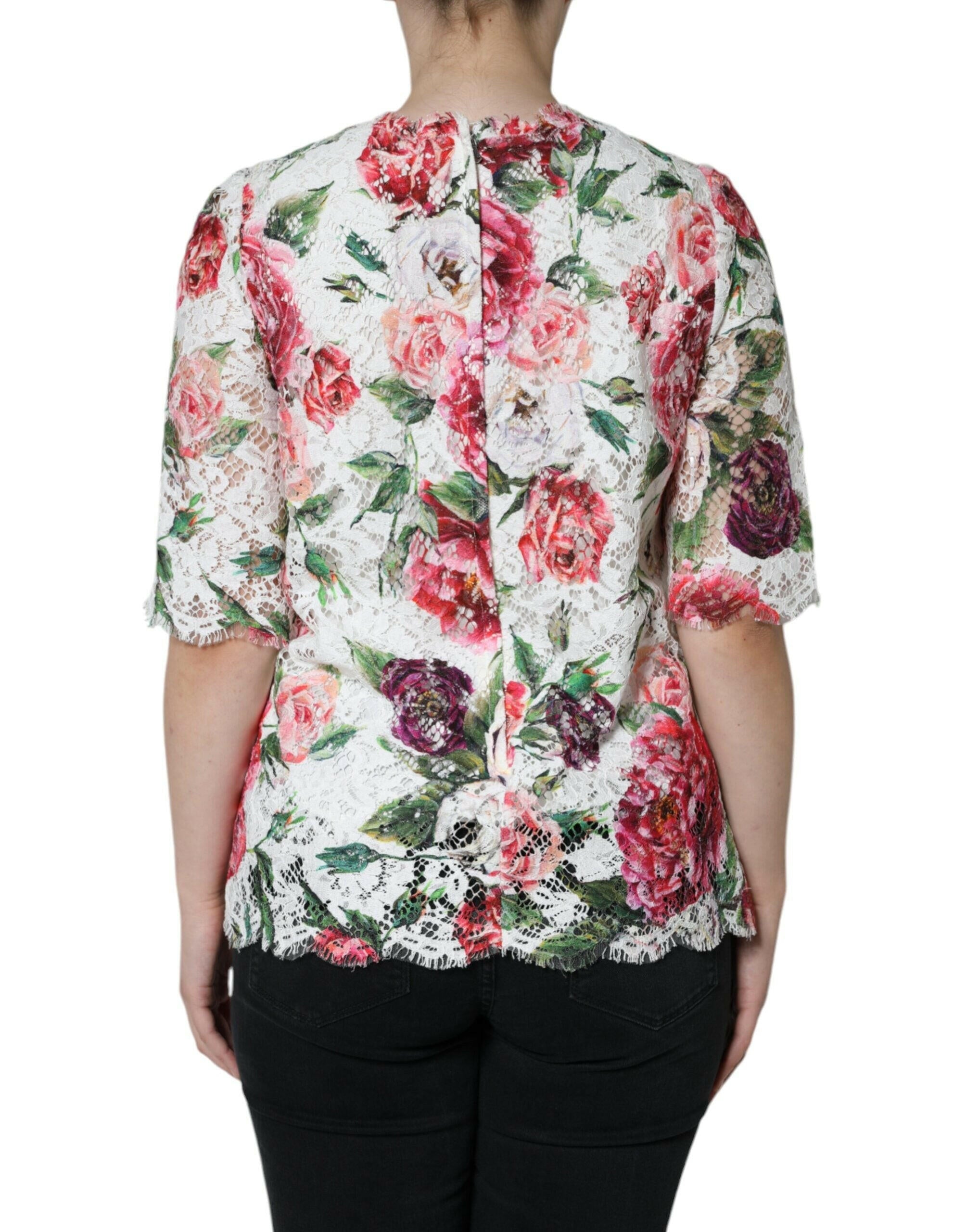 Dolce & Gabbana White Peony Lace Short Sleeves Blouse Top.