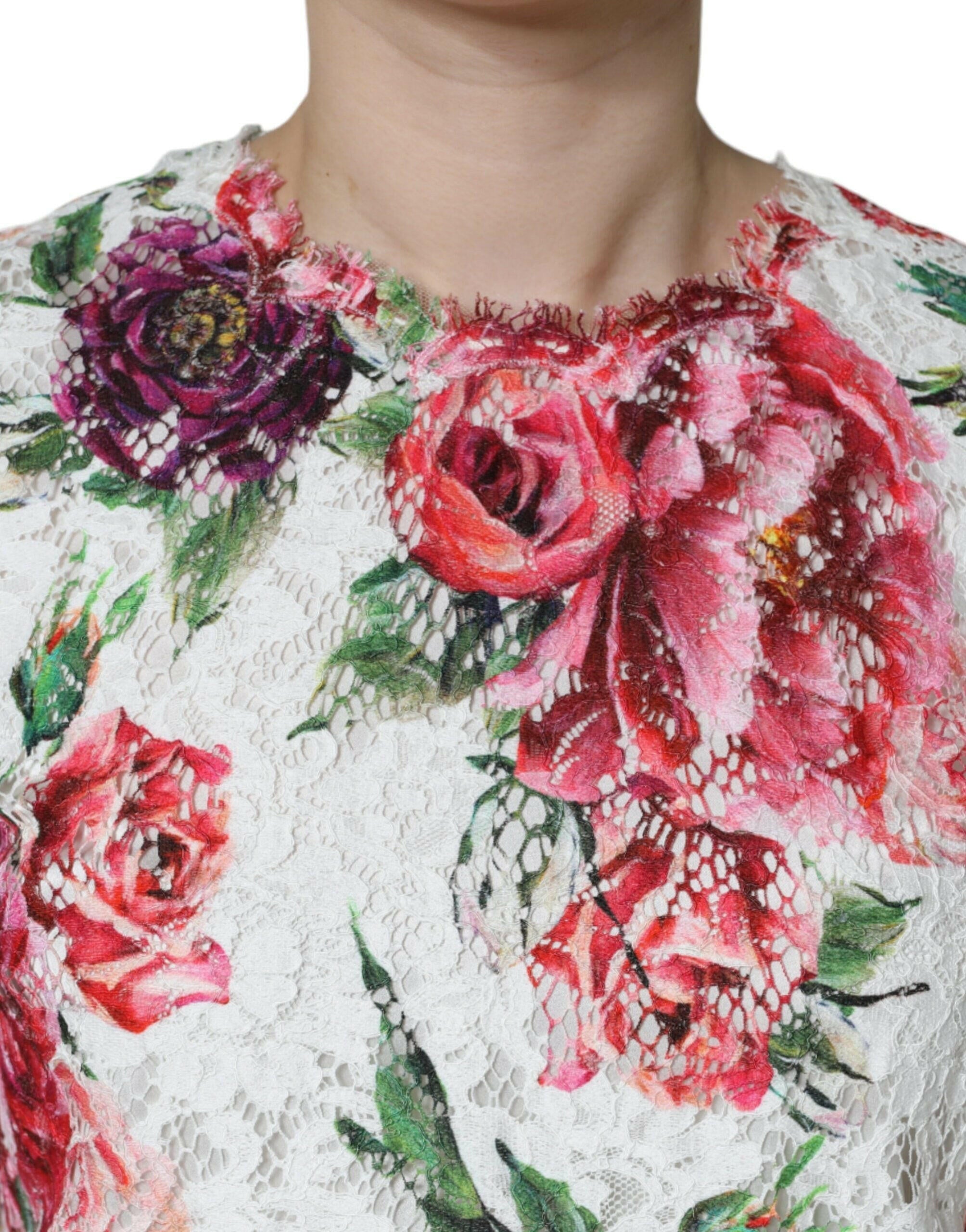 Dolce & Gabbana White Peony Lace Short Sleeves Blouse Top.