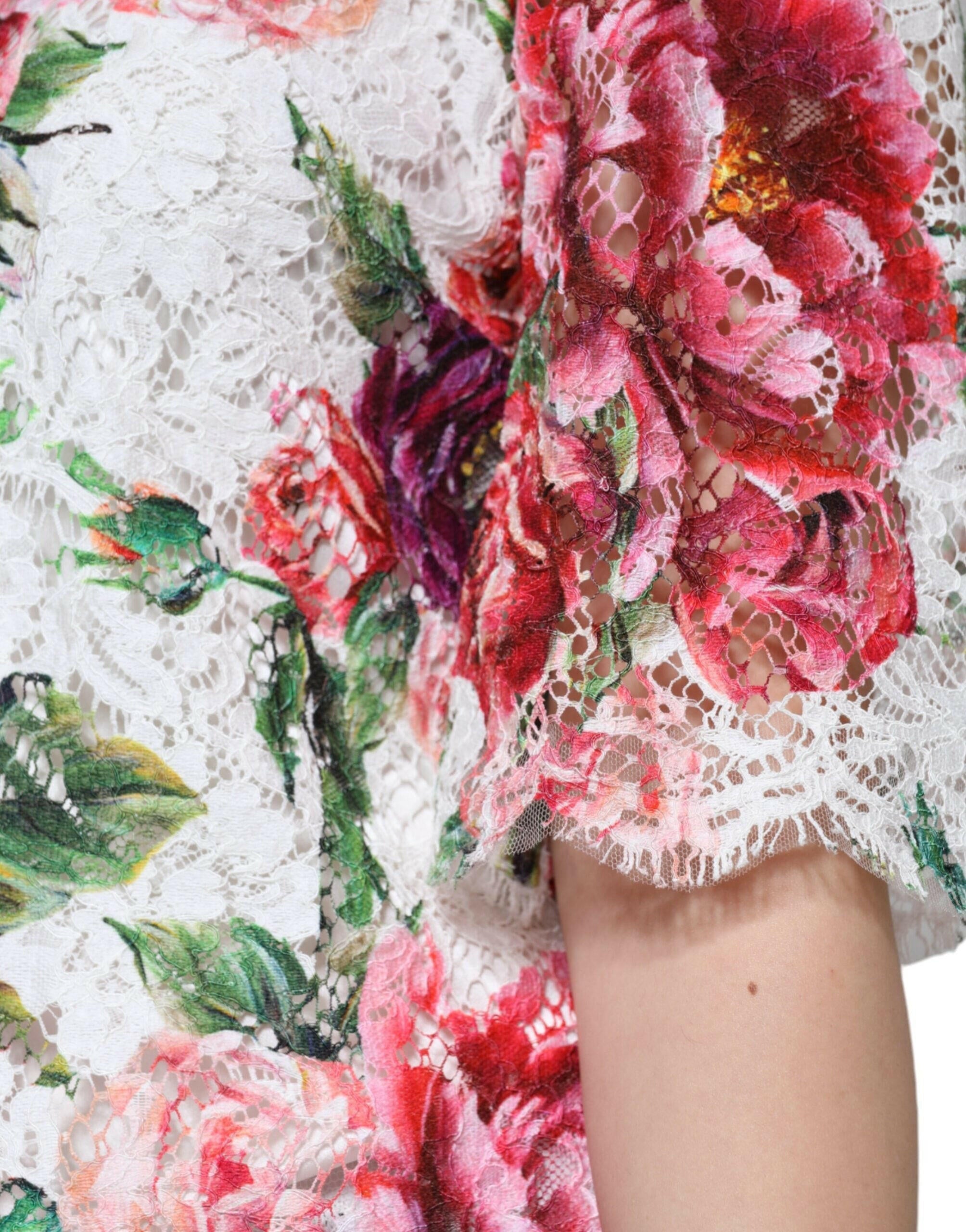 Dolce & Gabbana White Peony Lace Short Sleeves Blouse Top.