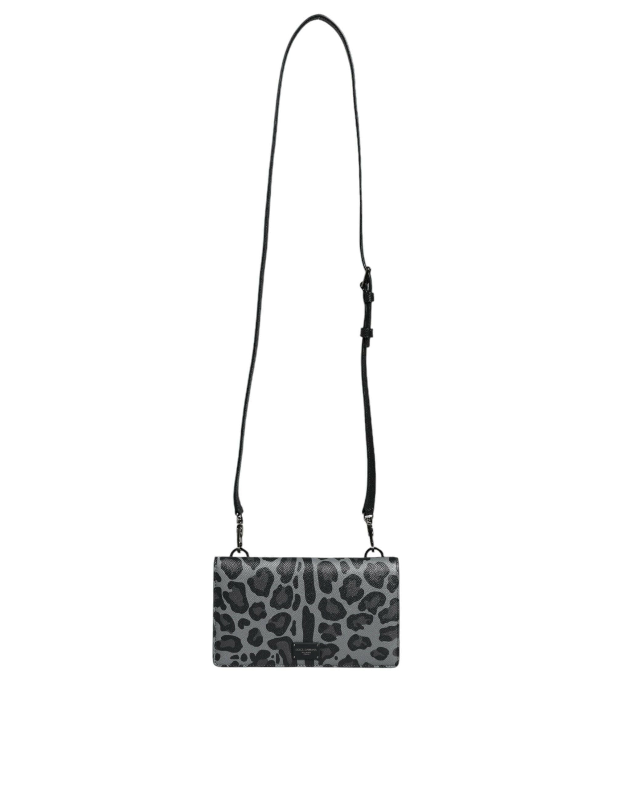 Dolce & Gabbana Black Gray Leopard Leather Bifold Card Slot Crossbody Bag.