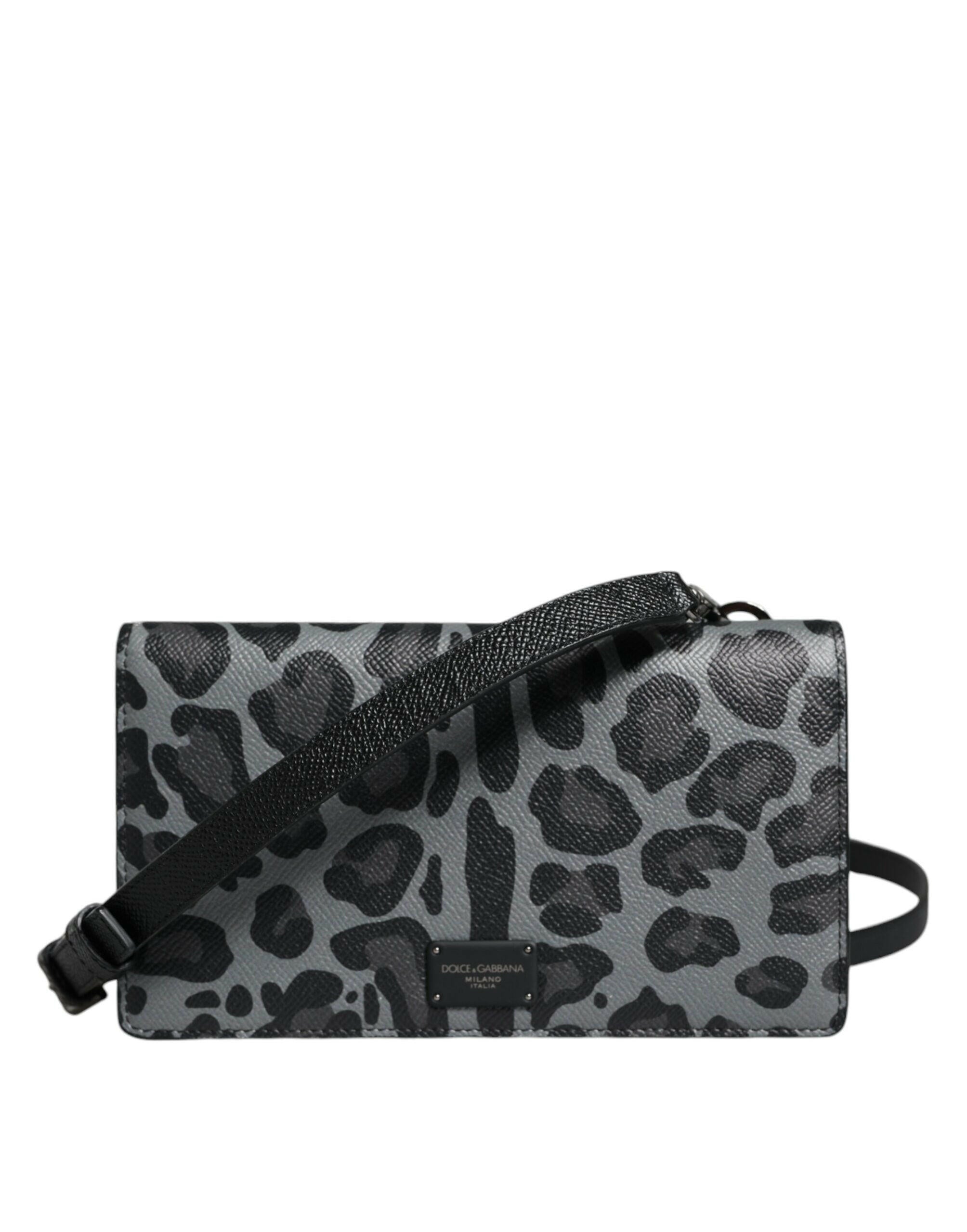 Dolce & Gabbana Black Gray Leopard Leather Bifold Card Slot Crossbody Bag.