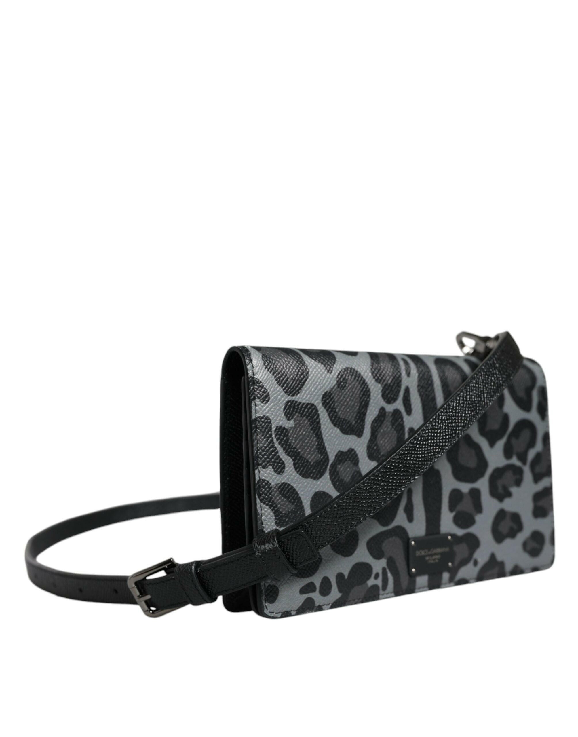 Dolce & Gabbana Black Gray Leopard Leather Bifold Card Slot Crossbody Bag.