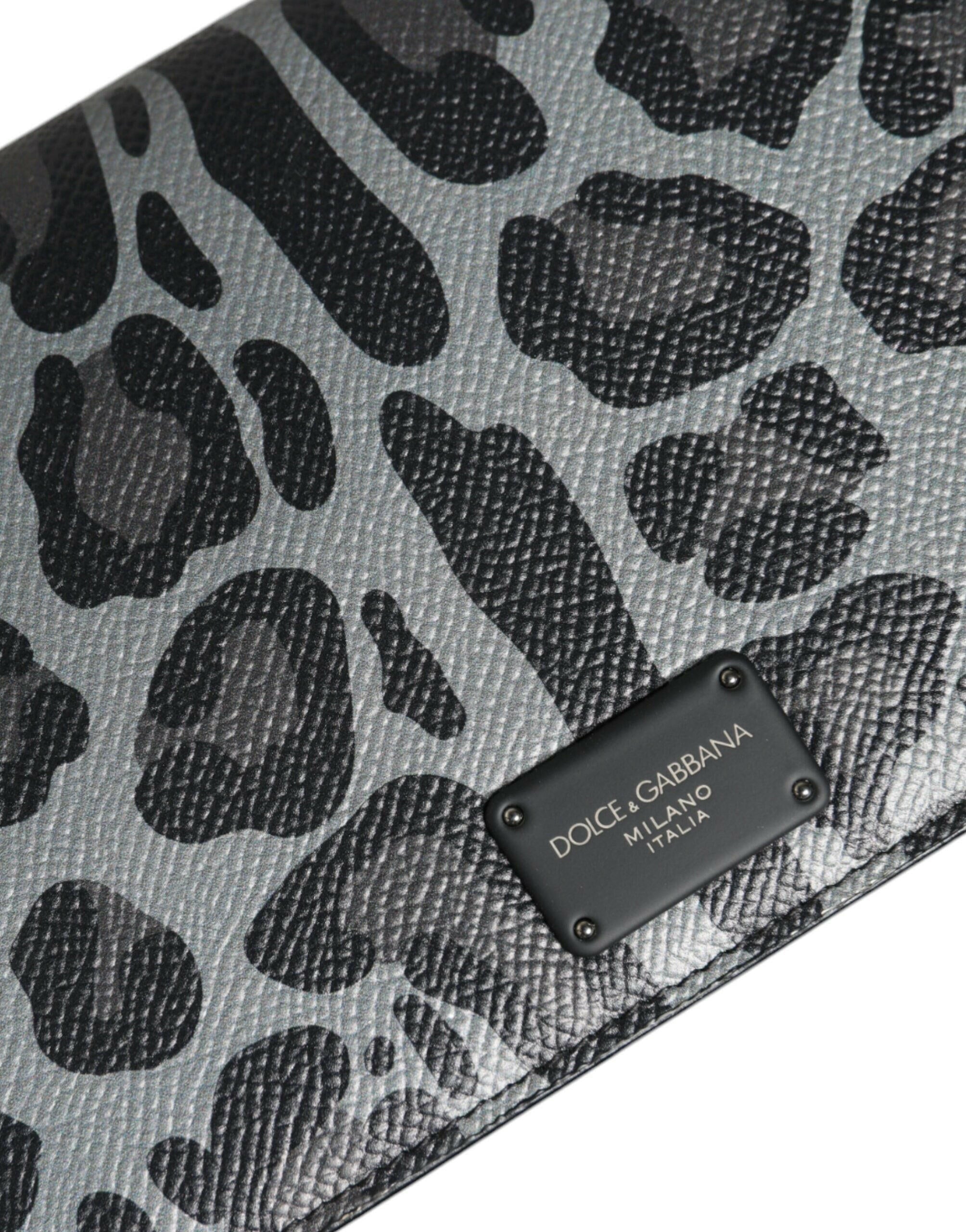 Dolce & Gabbana Black Gray Leopard Leather Bifold Card Slot Crossbody Bag.