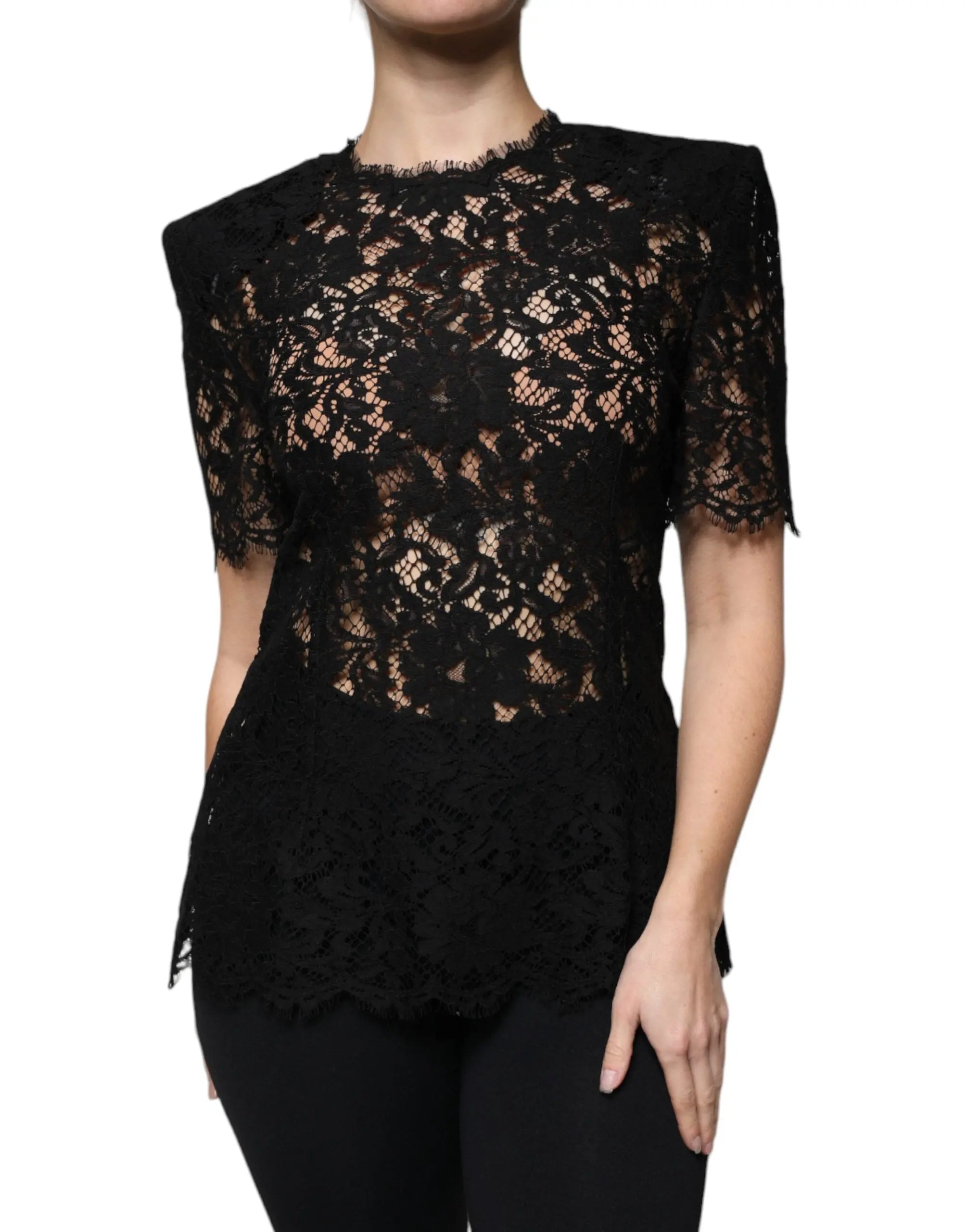 Dolce & Gabbana Black Floral Lace Short Sleeves Blouse Top Dolce & Gabbana