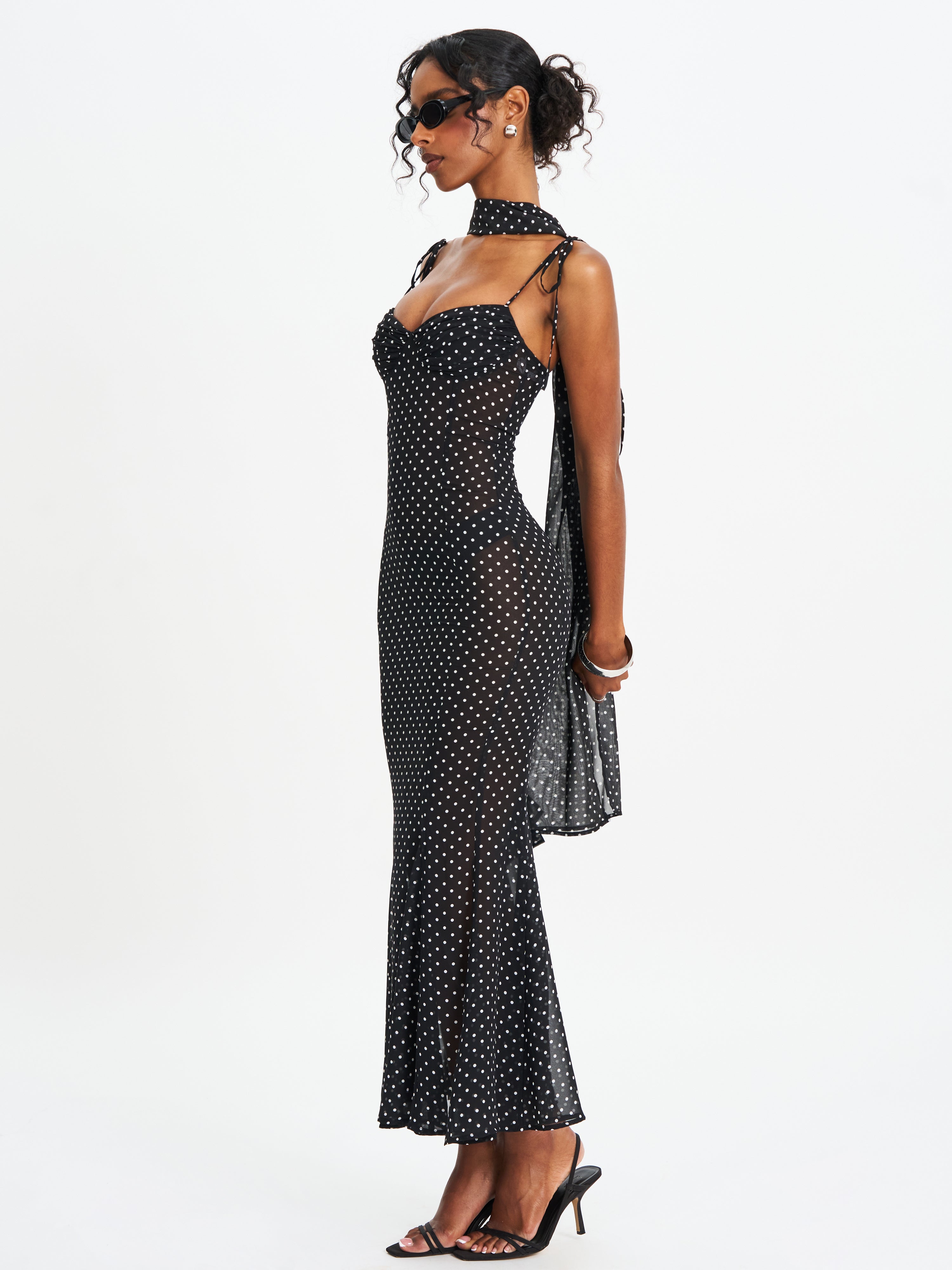 Yadira Black Base Polka Dot Chiffon Maxi Dress