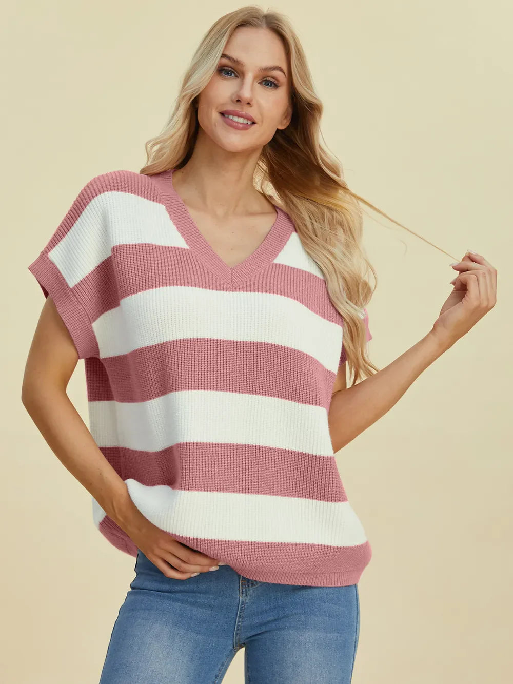 Double Take Full Size Striped V-Neck Short Sleeve Sweater.