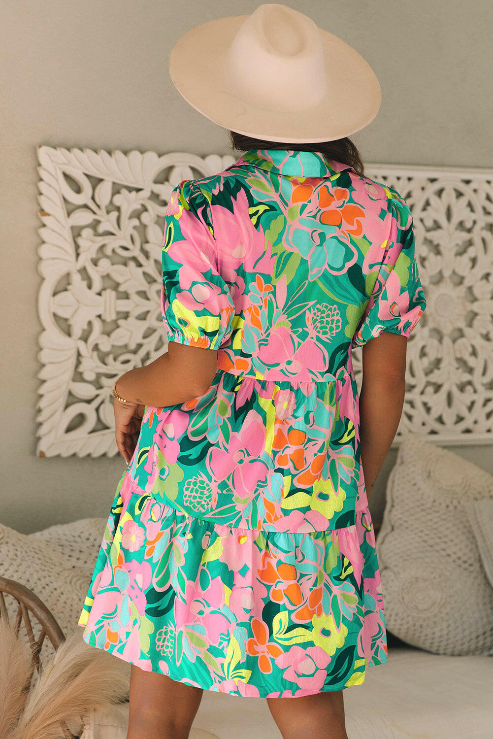 Floral Puff Sleeve Collar Buttoned Babydoll Dress.