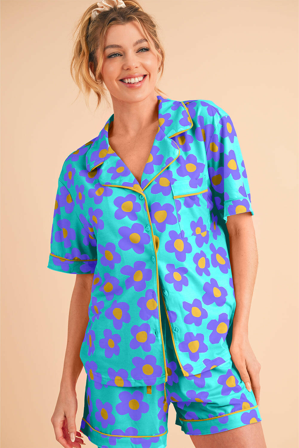 Luxury Flower Print Buttoned Shirt And Drawstring Waist Pajama Set.