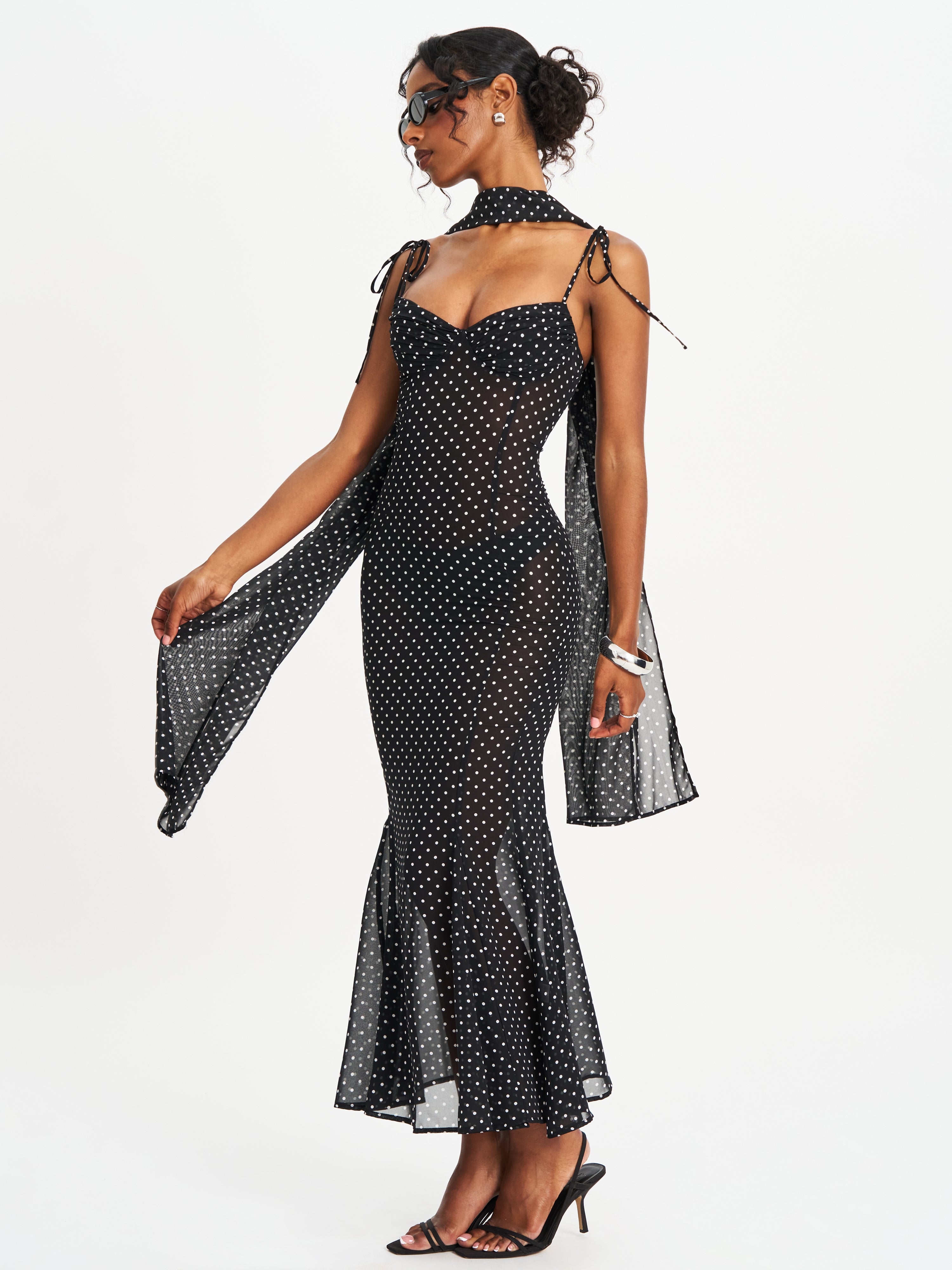 Yadira Black Base Polka Dot Chiffon Maxi Dress
