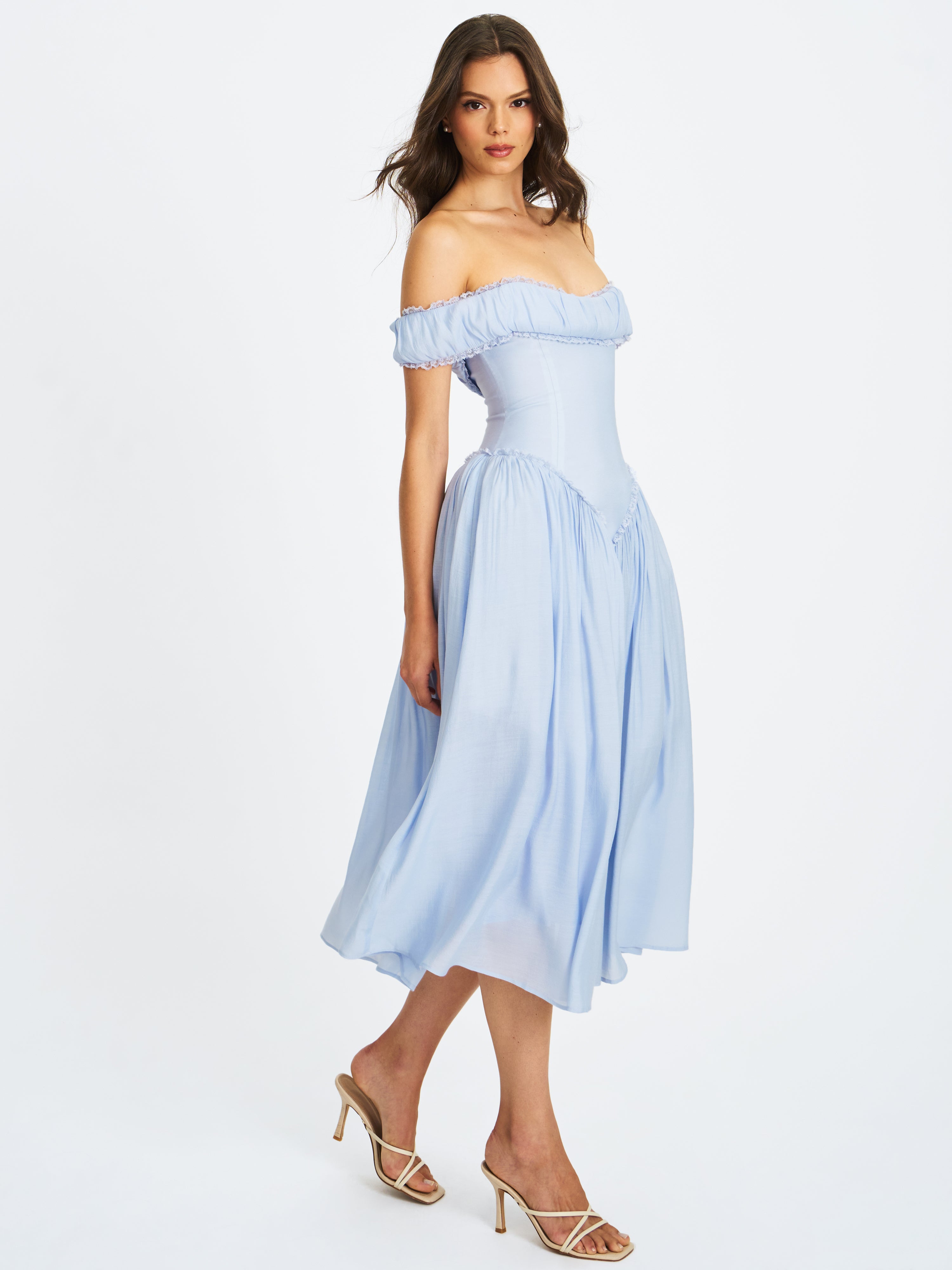 Xavy Baby Blue Off Shoulder Corset Midi Dress