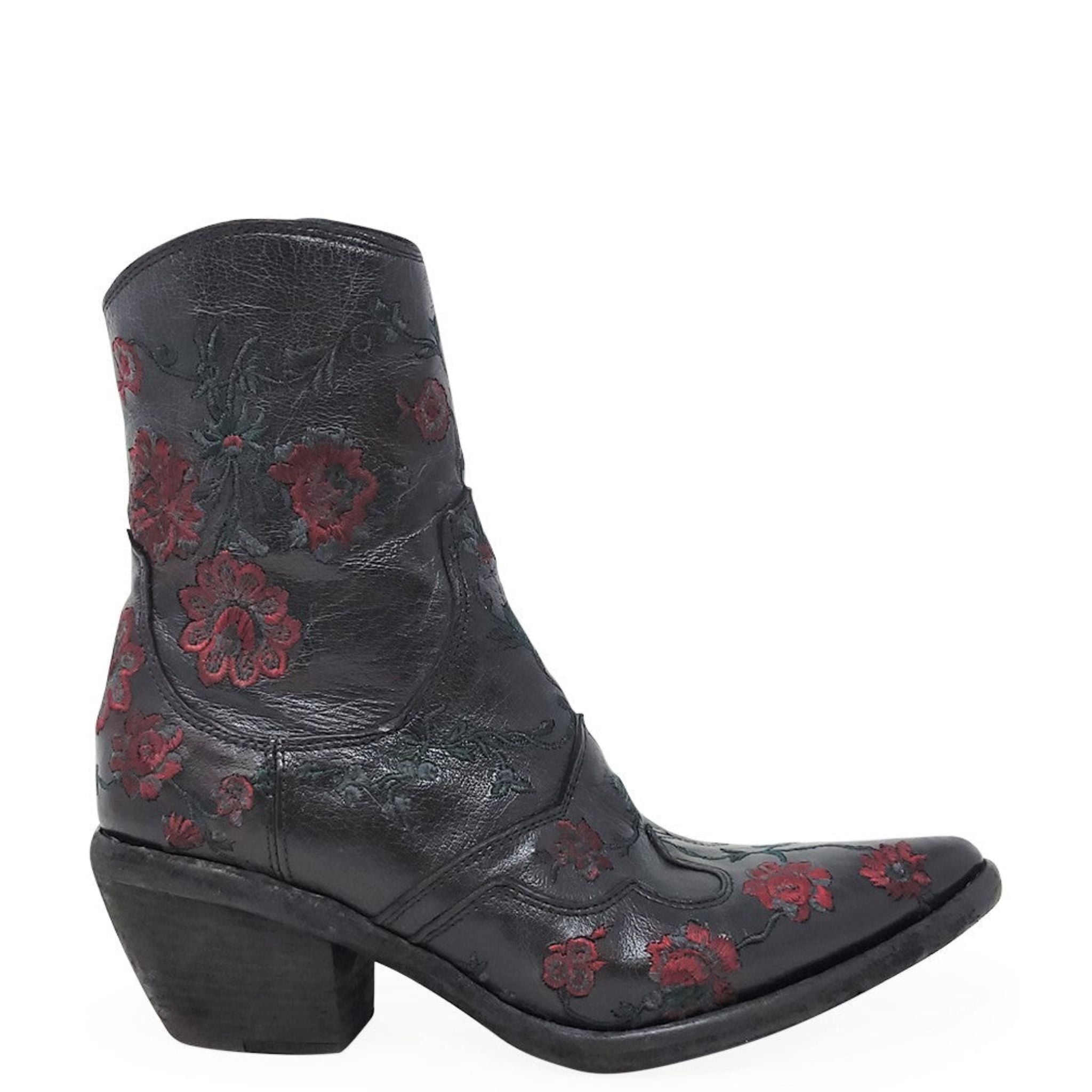 Black Leather Embroidered Ankle Boot