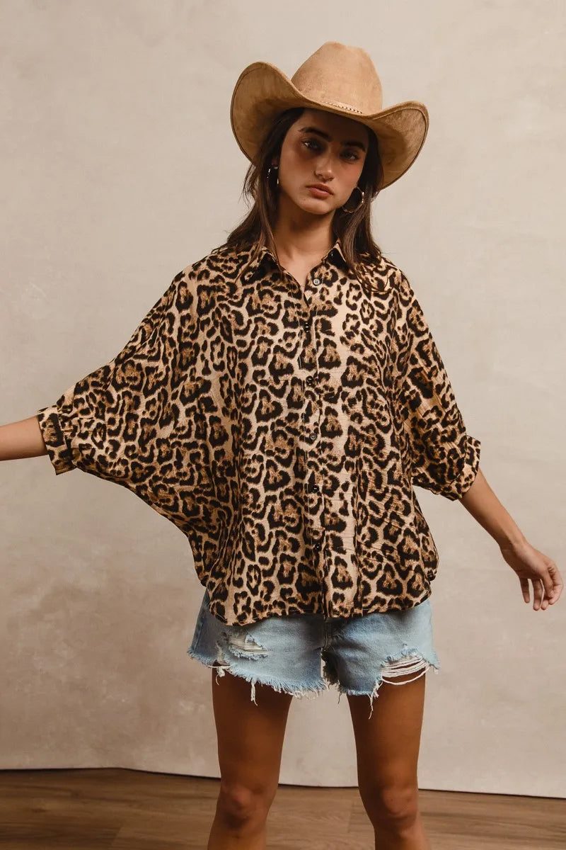 BiBi Leopard Prints Overseized Short Sleeves Top.