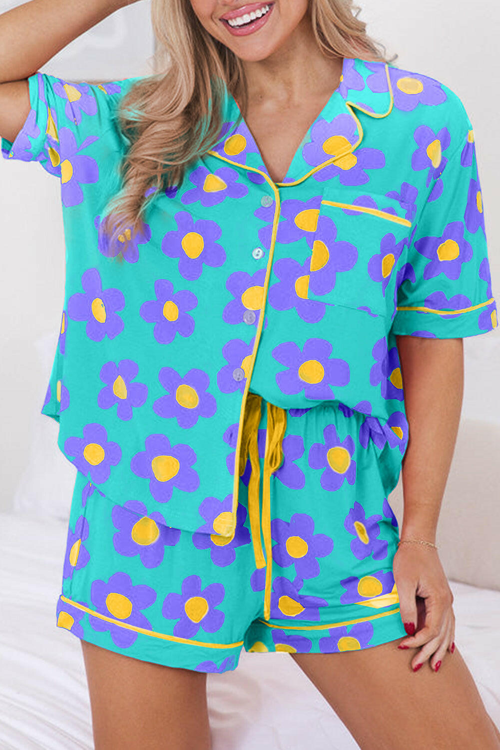 Luxury Flower Print Buttoned Shirt And Drawstring Waist Pajama Set.