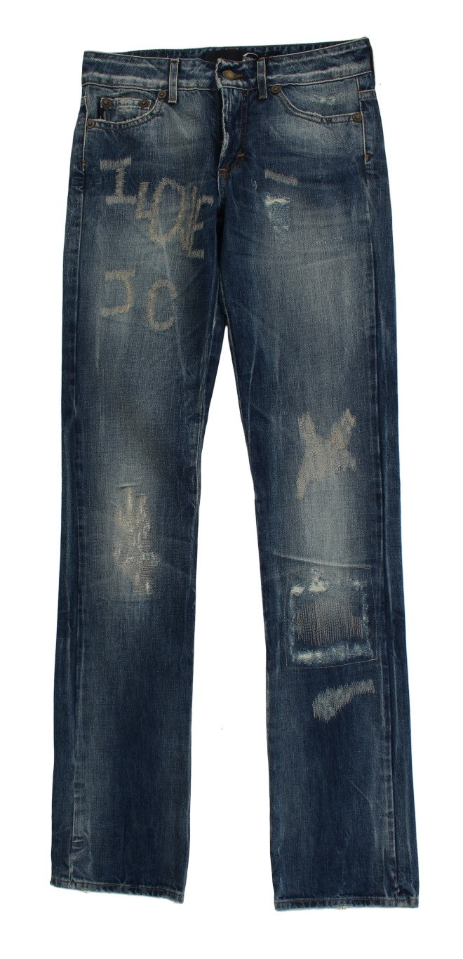Cavalli Blue Wash Torn Cotton Straight Fit Jeans Cavalli
