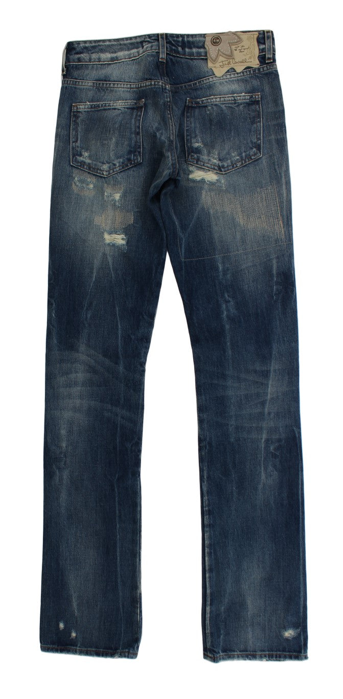 Cavalli Blue Wash Torn Cotton Straight Fit Jeans Cavalli