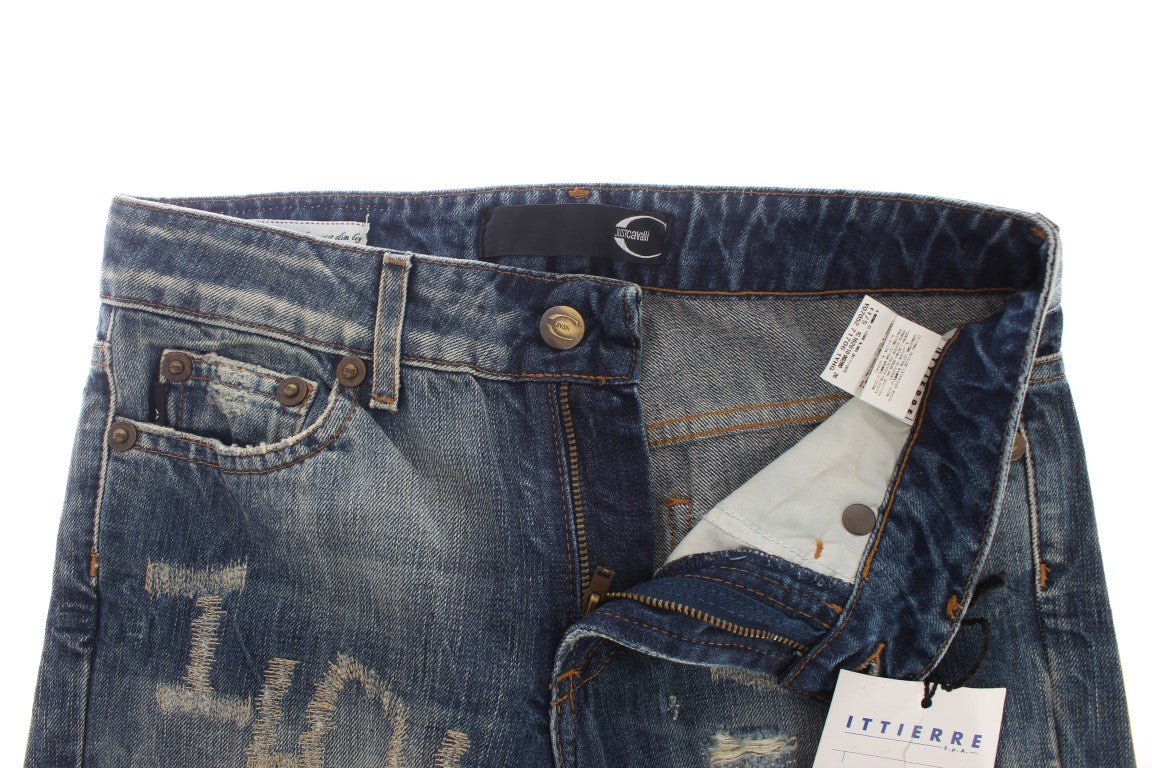 Cavalli Blue Wash Torn Cotton Straight Fit Jeans Cavalli