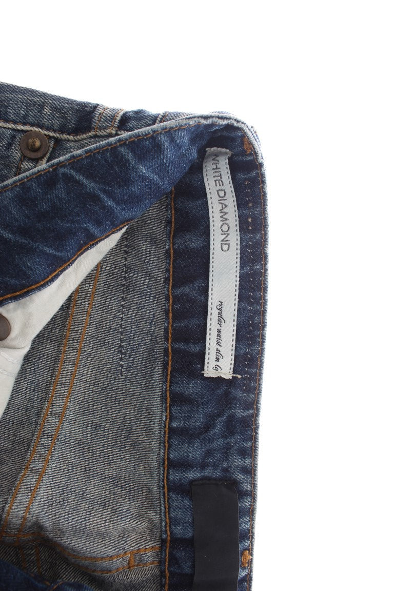 Cavalli Blue Wash Torn Cotton Straight Fit Jeans Cavalli