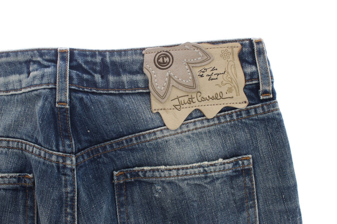 Cavalli Blue Wash Torn Cotton Straight Fit Jeans Cavalli