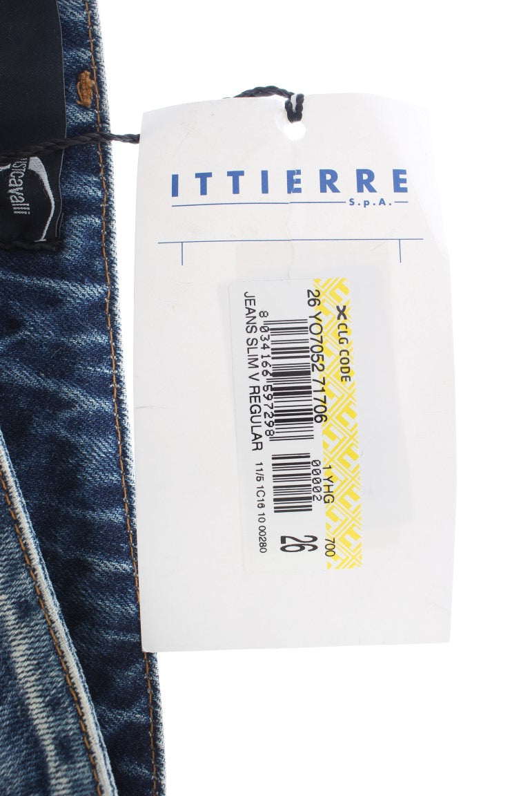 Cavalli Blue Wash Torn Cotton Straight Fit Jeans Cavalli