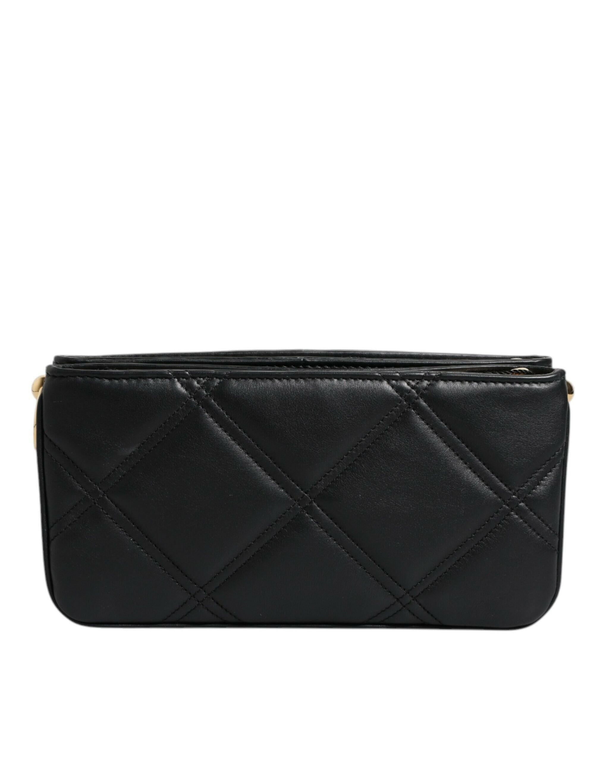 Dolce & Gabbana Black Leather Crystal Embellished Logo Shoulder Bag Dolce & Gabbana