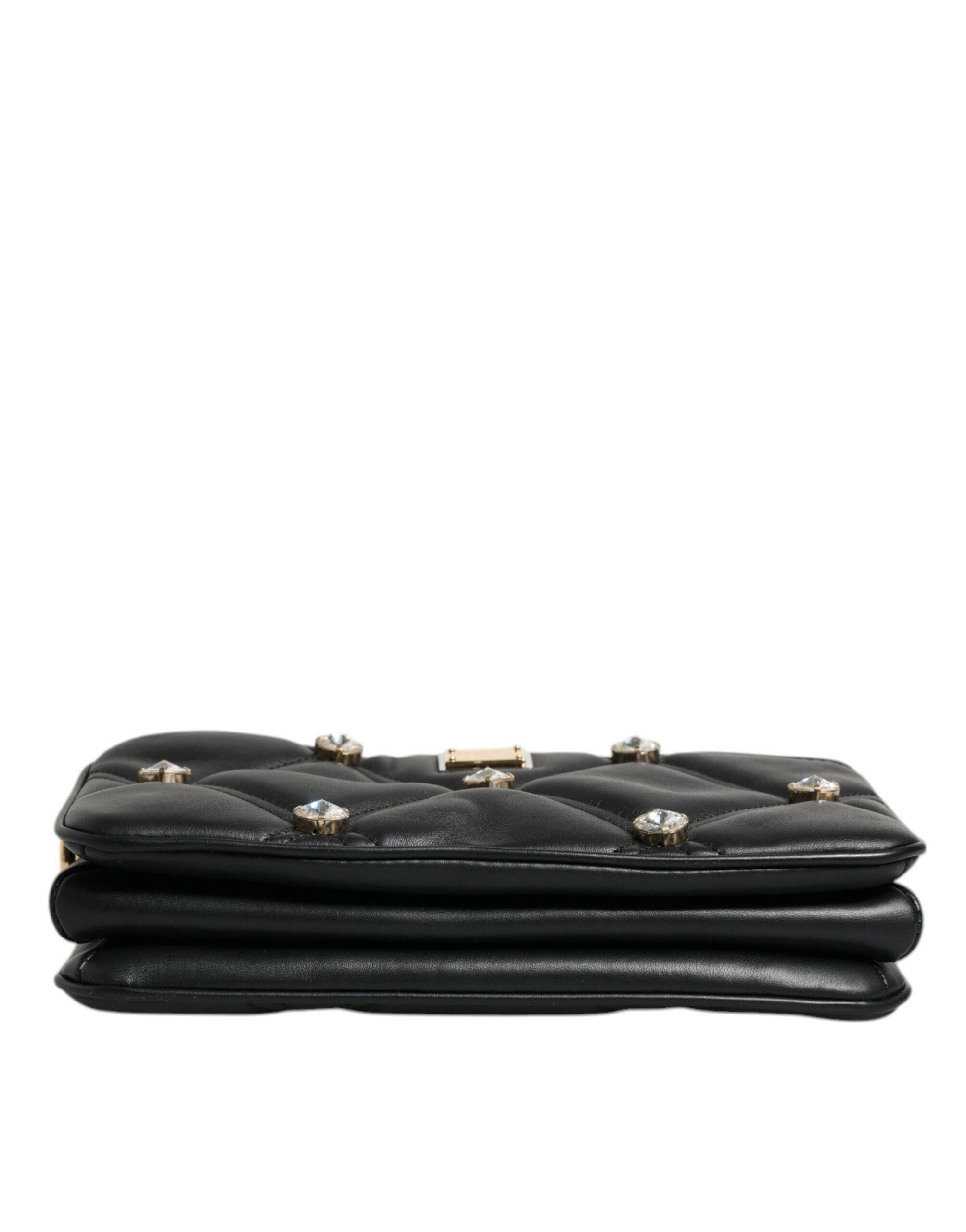 Dolce & Gabbana Black Leather Crystal Embellished Logo Shoulder Bag Dolce & Gabbana