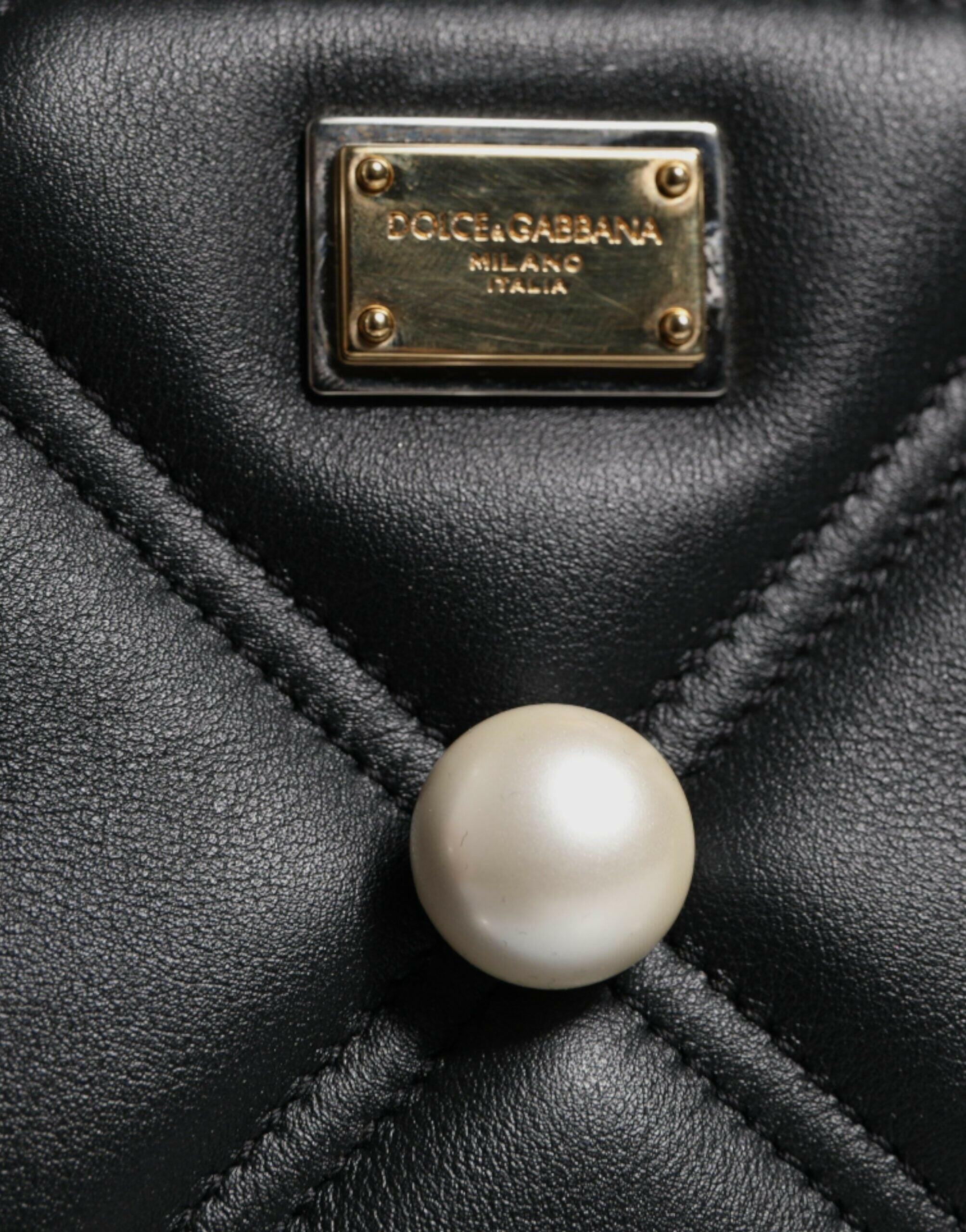 Dolce & Gabbana Black Leather Pearl Embellished Logo Shoulder Bag Dolce & Gabbana